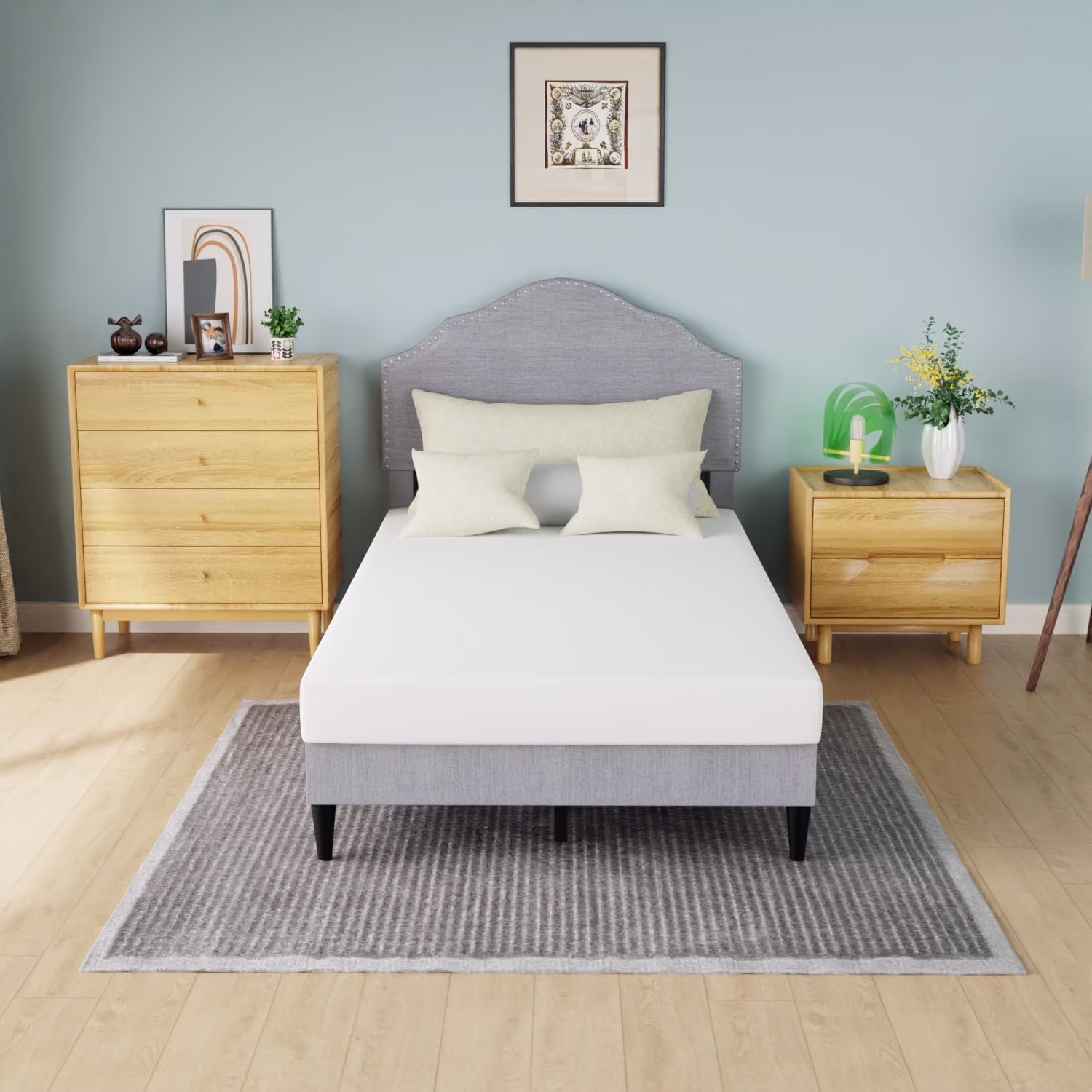 PayLessHere Platform Bed Frame Twin Mattress Foundation with Fabric Upholstered Headboard and Wooden Slats Support, Fully Upholstered No Box Spring Needed Non-Slip and Noise-Free,Twin