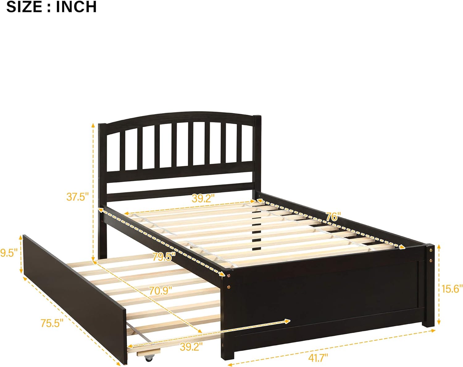 Bed With Trudle Bed, Wood Platform Bed With Headboard Ad Footboard Mattress Foudatio Strog Slat Support (, Espresso)