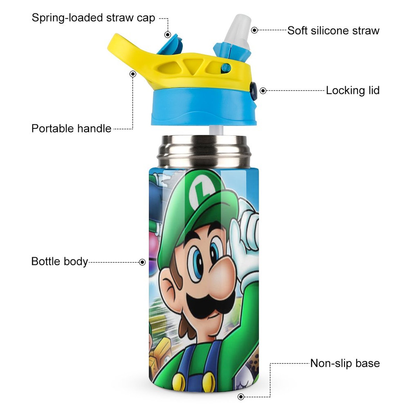 Funny Game Luigi's Mansion Kid's Insulated Water Bottle With Straw Vacuum Stainless Steel Cup Leak-Proof Children Toddler Thermoses