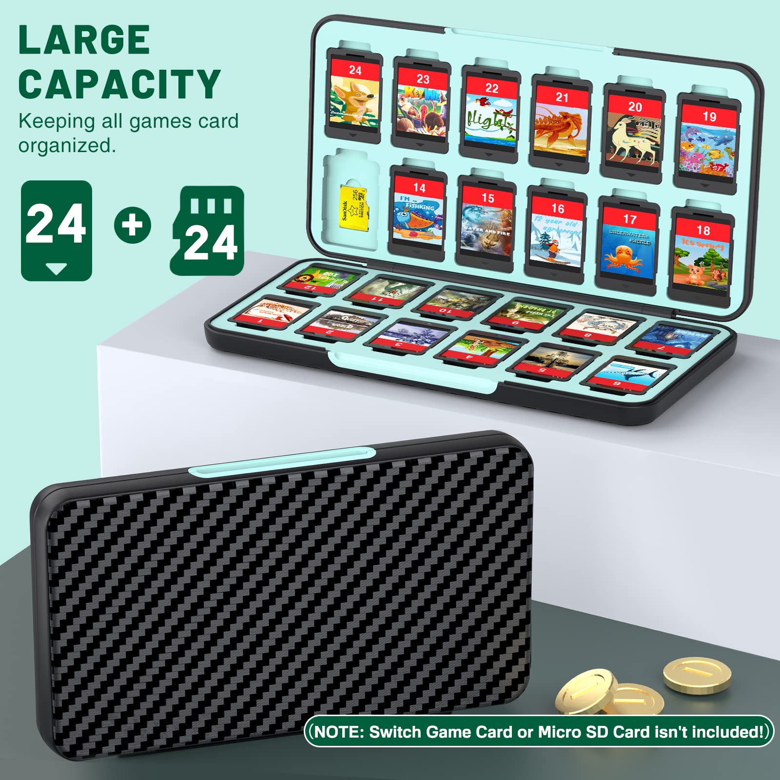 CYKOARMOR Switch Game Case 24 Compatible with Nintendo Switch Game Cards and 24 Memory Cards, Portable Switch Game Holder, Hard Shell, Soft Lining&Magnetic Closure, Stripe Black Blue