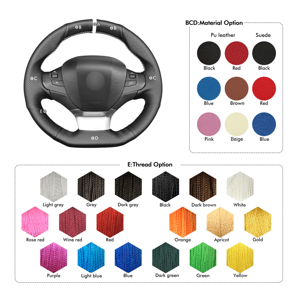 MEWANT Hand Stitch Car Steering Wheel Cover for Peugeot 308 2013-2021 / 308 SW 2014-2021