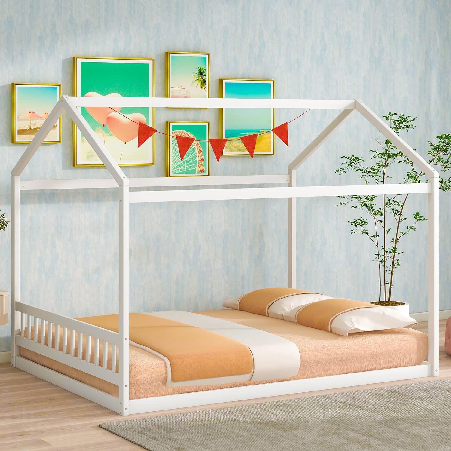 Queen Size Wooden House Bed With Headboard,Wood Low Floor Bed Frame With Roof For Toddler Kids, Can Be Decorated With DIY, No Box Spring Needed(Grey)