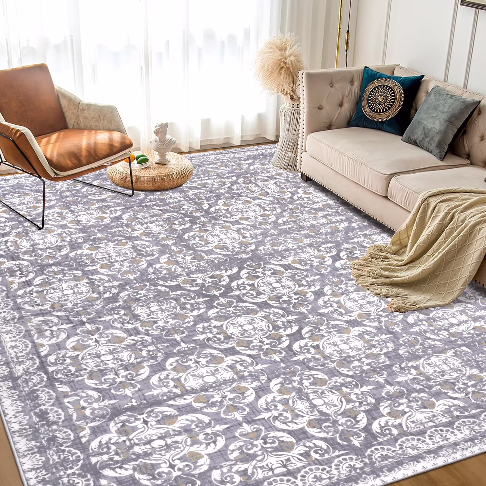 MeyJey Boho Indoor Living Room Area Rug 8'x10', Non-Slip Washable Vintage Oriental Bedroom Carpet, Gray/Tan