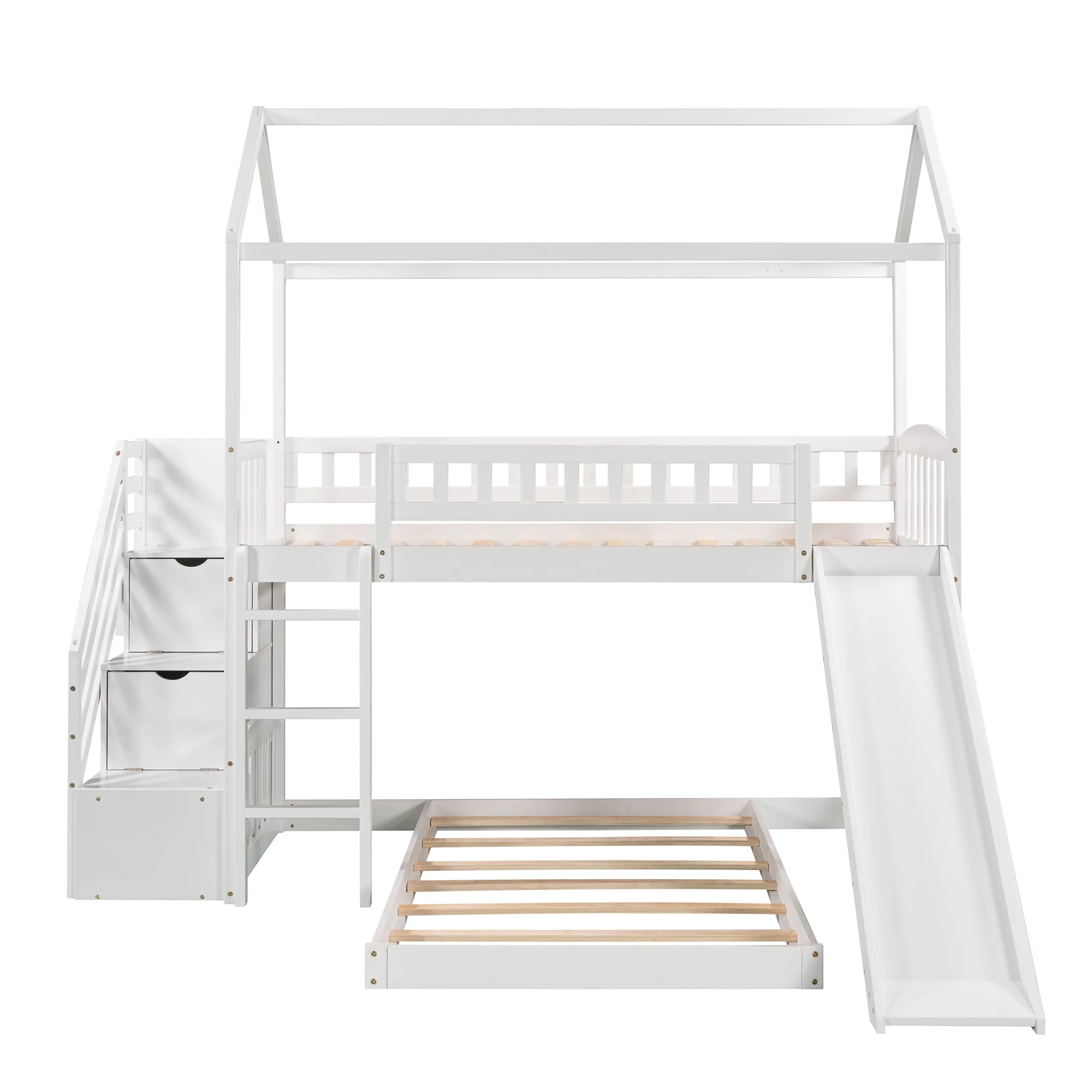 White Twin Over Twin Bunk Bed with Two Drawers and Slide, House Bed with Slide