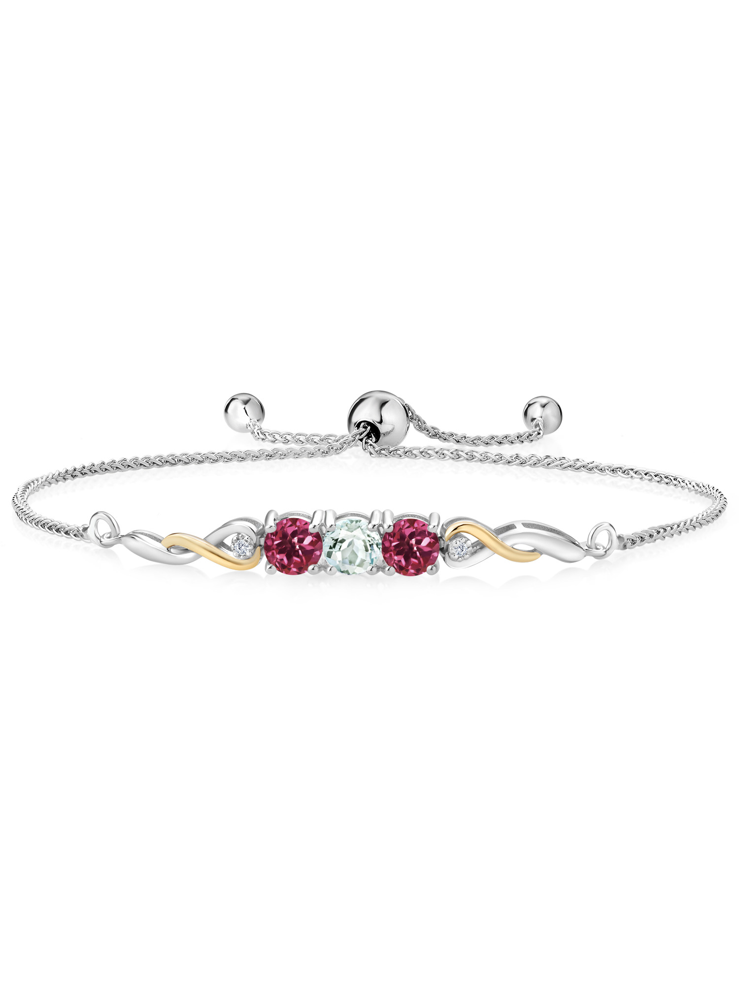 925 Sterling Silver and 10K Yellow Gold Sky Blue Aquamarine Pink Tourmaline and White Lab Grown Diamond Tennis Bracelet For Women (1.56 Cttw, Gemstone March Birthstone, Fully Adjustable Up to 9 inch)