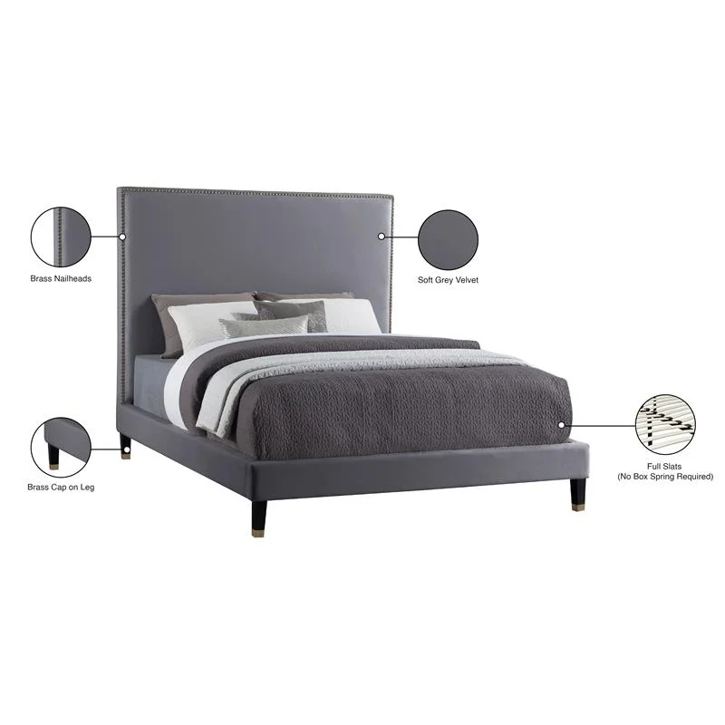 Meridian Furniture Harlie Gray Velvet Queen Bed