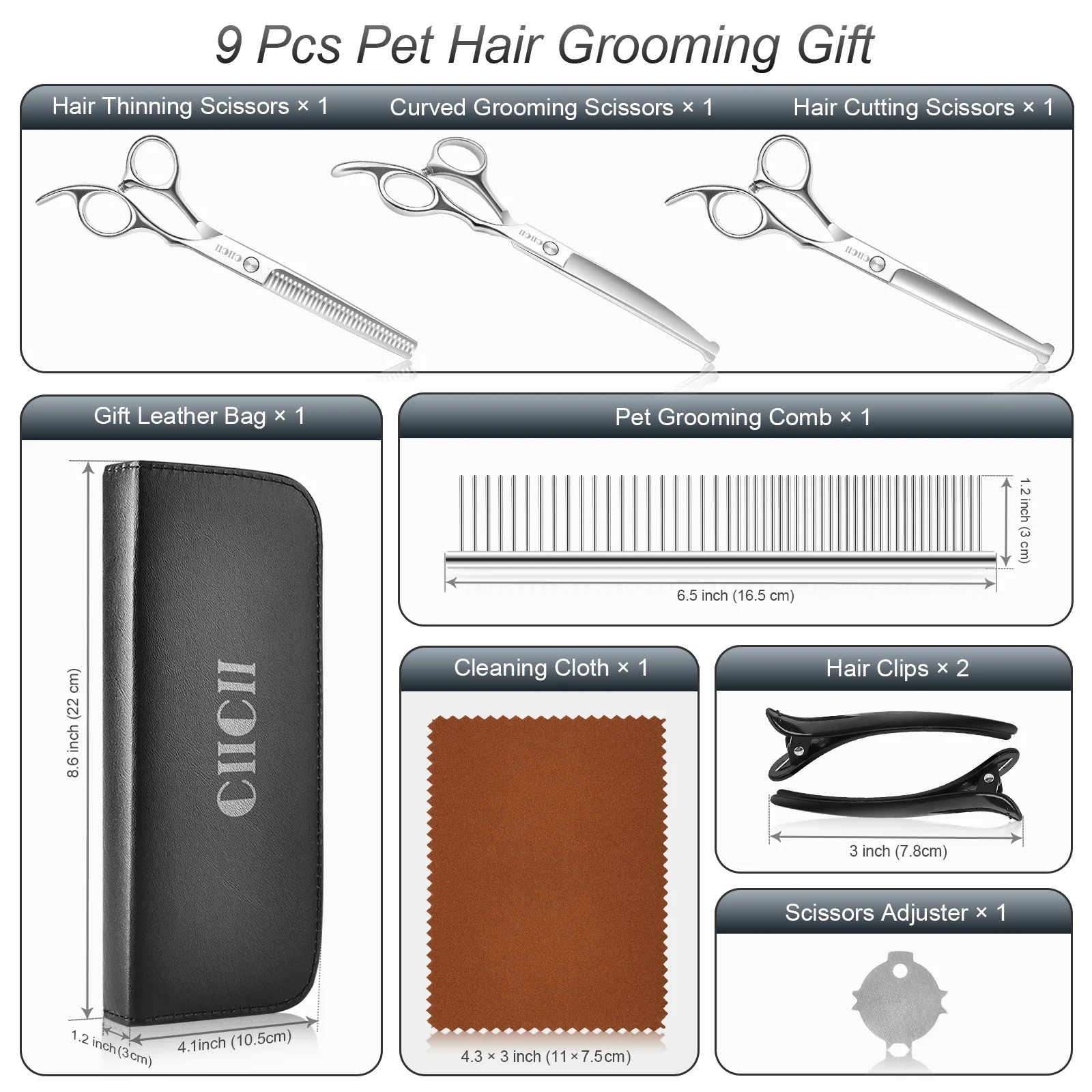 Dog Grooming Scissors Kit (Safety Round Tip), CIICII 6.5 Inch Professional Pet Grooming Scissors Set (Dog/Cat Hair Thinning Trimming Cutting Shears) with Curved Scissors for DIY Home Salon (Silver)