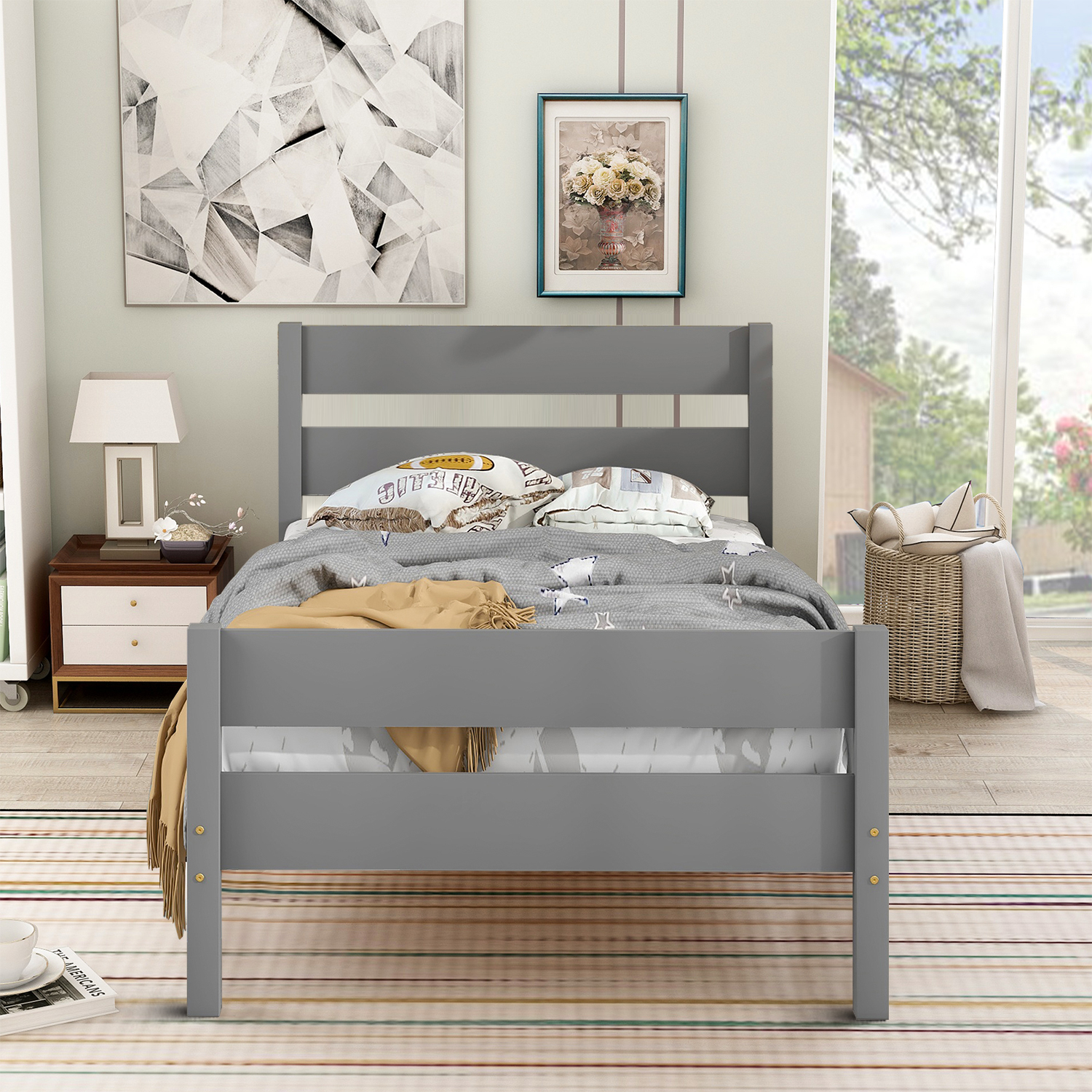 Twin Size Bed Platform Bed with Headboard and Footboard