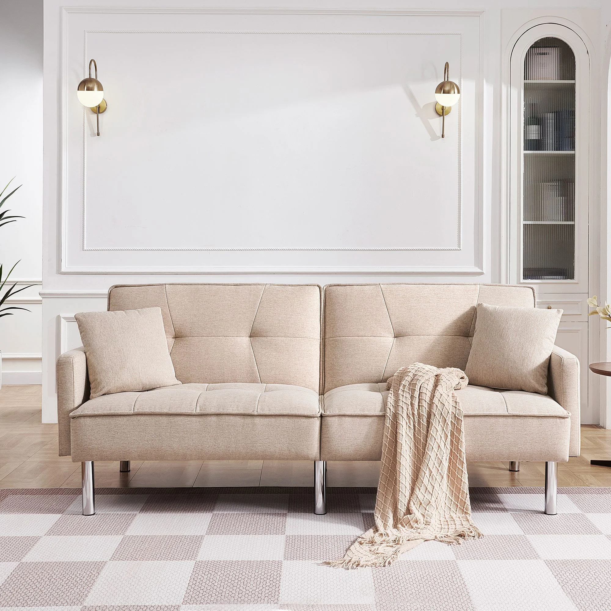 Moootto  84.6 in. Extra Long Modern Tufted Beige Fabric Futon Adjustable Sofa Bed & Folding Daybed Guest Bed, Upholstered Modern Convertible Sofa