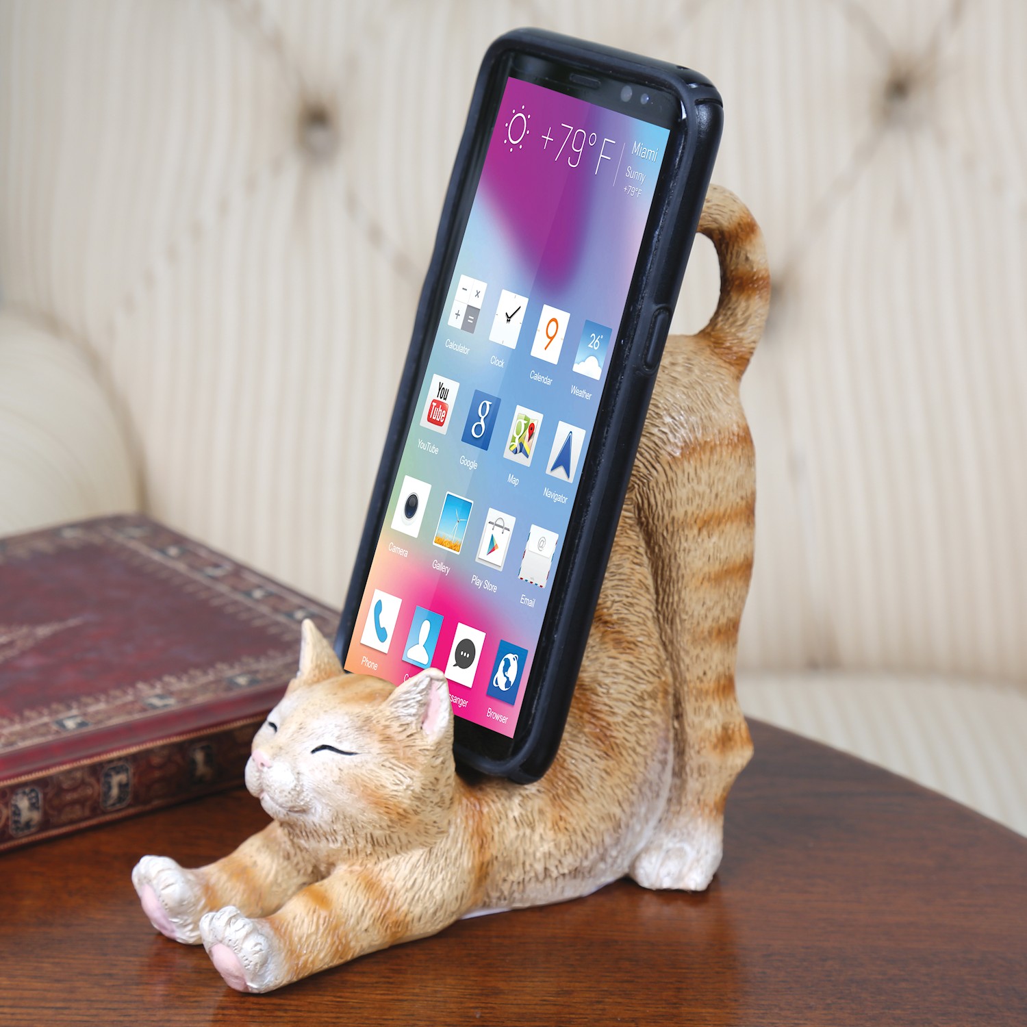 WHAT ON EARTH Cat Cell Phone Stand for Desk Cute Phone Holder for Desk Cat Desk Accessories for iPhone or Android, Orange Tabby