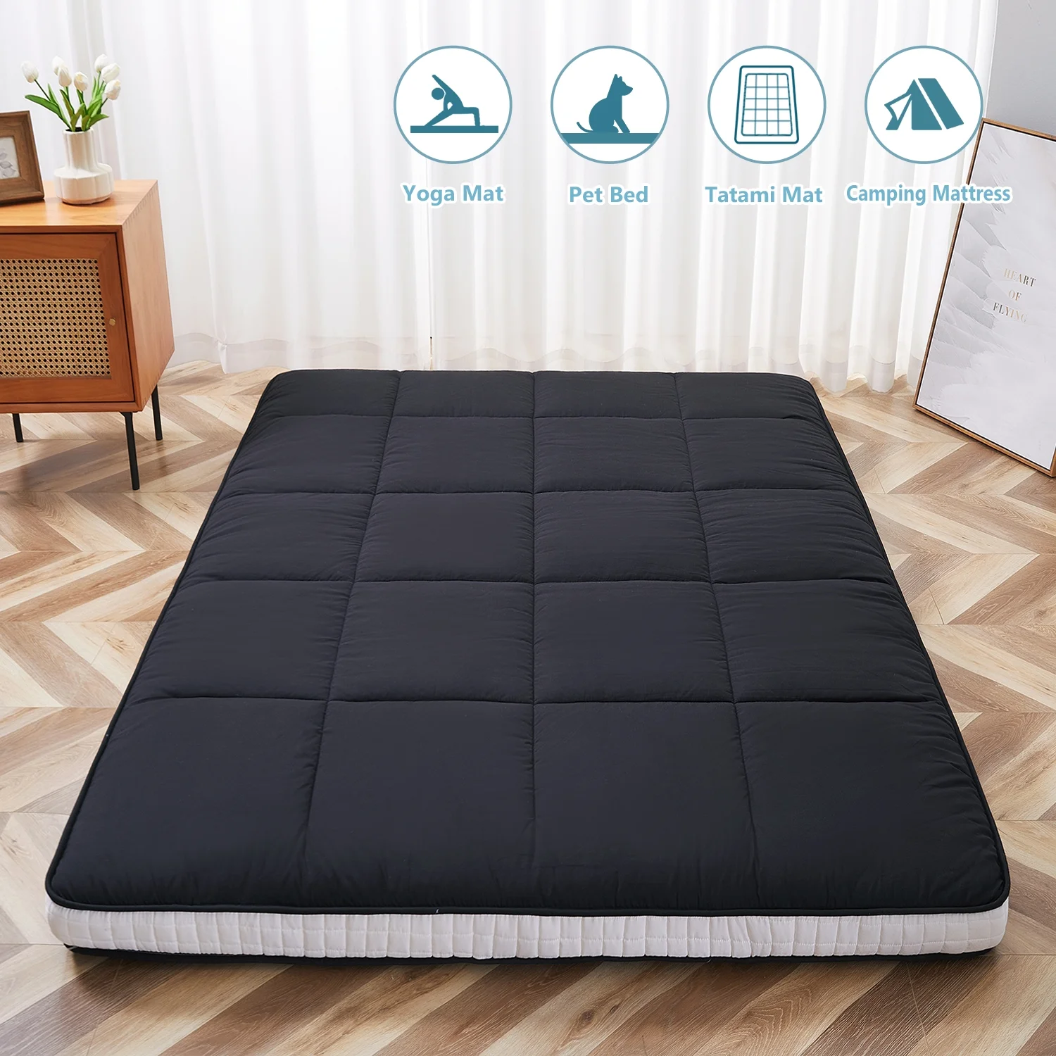 Lilypelle Japanese Floor Mattress,Futon Mattress,Thicken Tatami Mat,Camping Mattress,Sleeping Pad,Thickened Memory Foam Futon Roll up Guest Mattress,Mattress Cover Machine Washable,Black