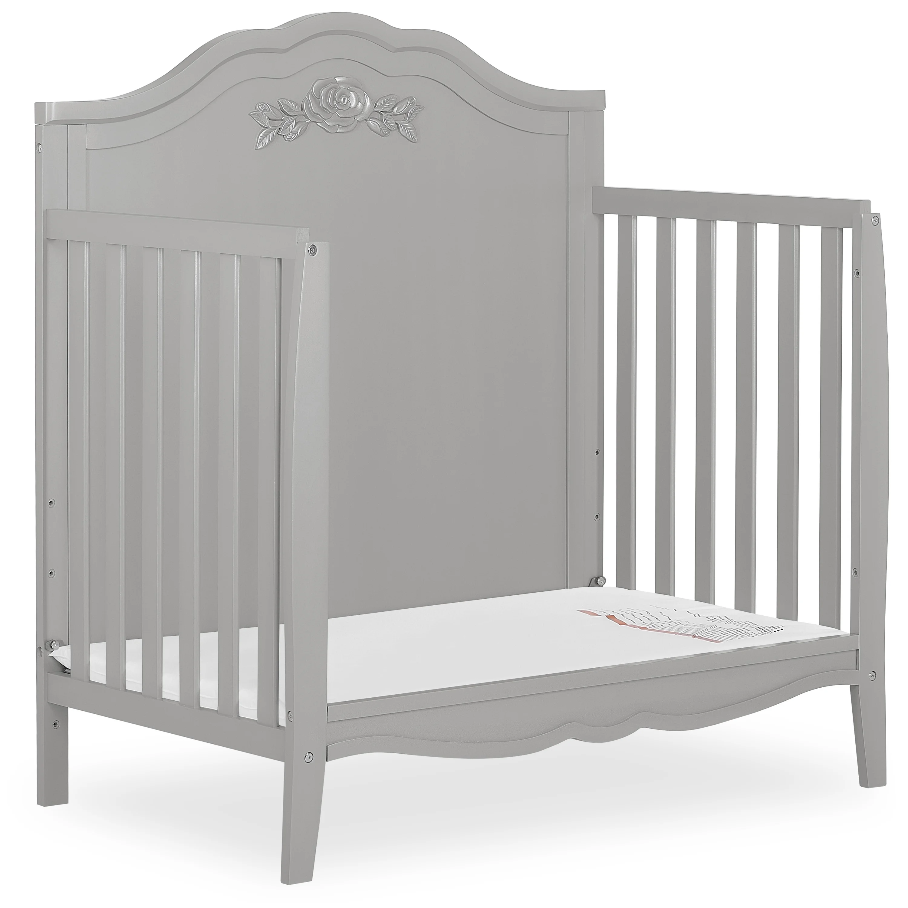 SweetPea Baby Rose 4-in-1 Convertible Mini Crib in Platinum, JPMA Certified Baby Crib, Non-Toxic Finish, New Zealand Pinewood, with 3 Mattress Height Settings Crib Platinum
