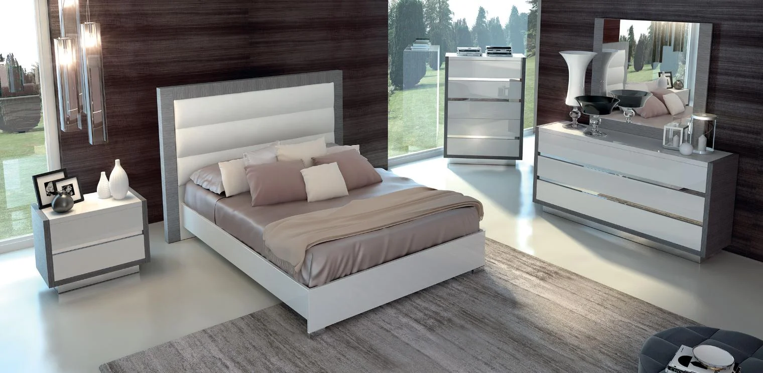 Glossy White Silver King Bedroom Set 5Ps Contemporary Made in Italy ESF Mangano