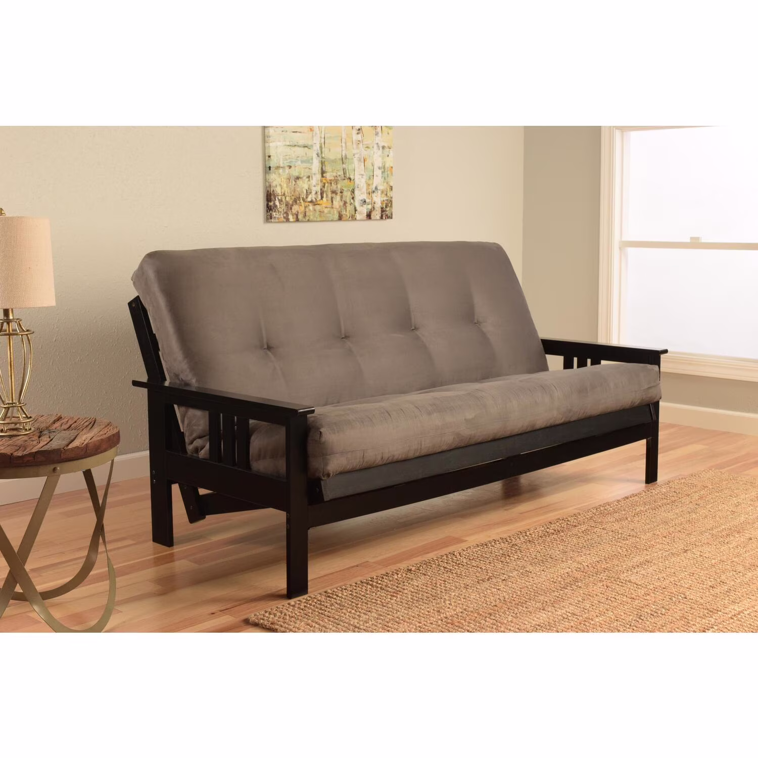 Homestock Lakefront Luxury Futon Frame/Black Finish/Suede Gray Mattress