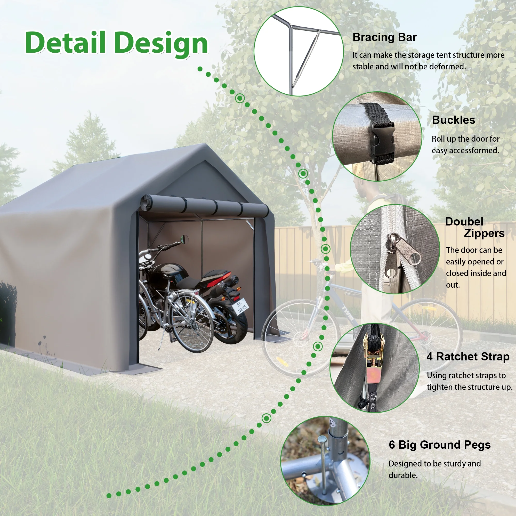 8x8 ft Portable Outdoor Storage Shelter Shed, Heavy Duty Storage Tent with Roll-up Doors Shelter for Garden Tool, Lawn Mower, Motorcycleand, Bike - Gray