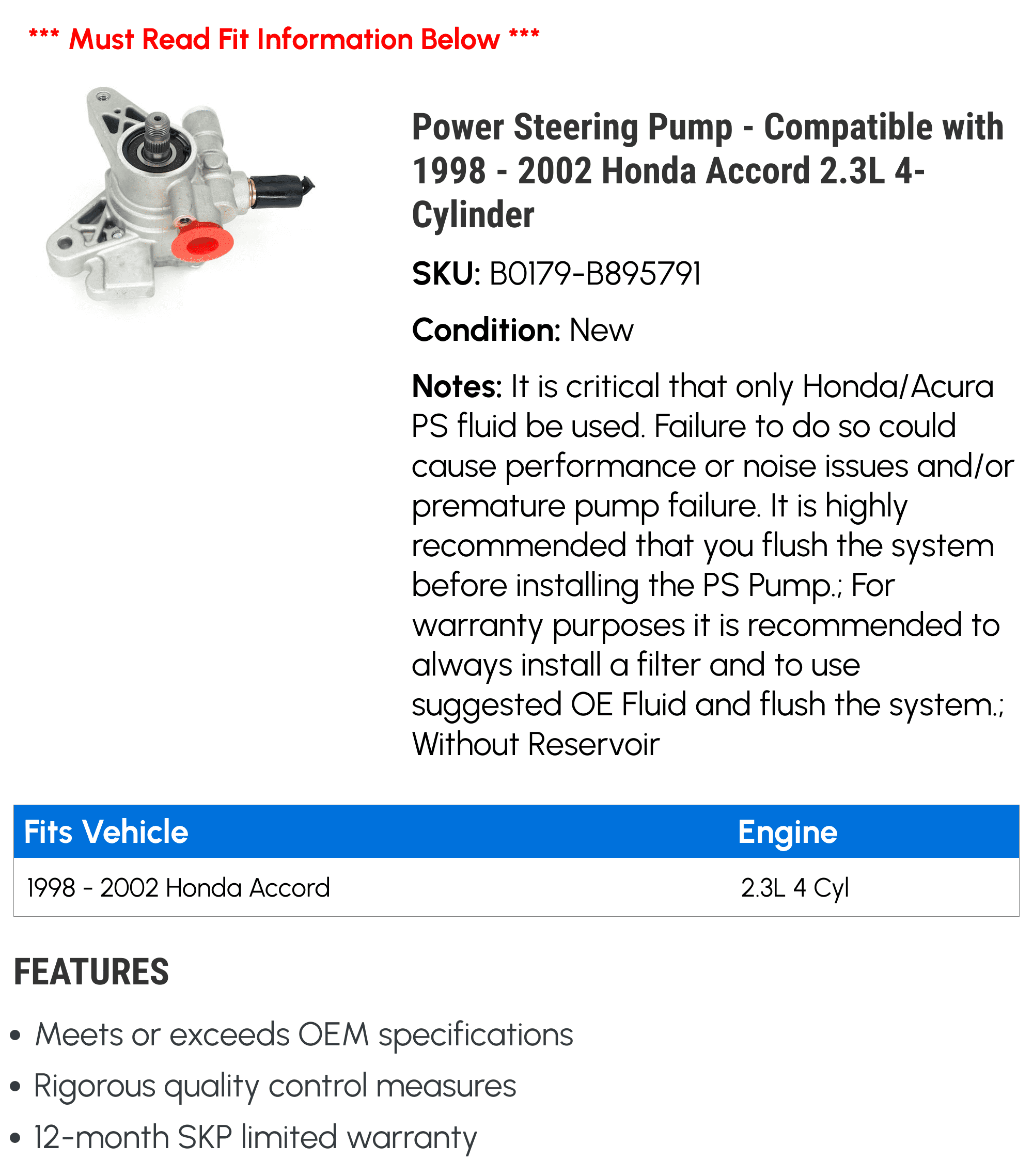 Power Steering Pump - Compatible with 1998 - 2002 Honda Accord 2.3L 4-Cylinder 1999 2000 2001
