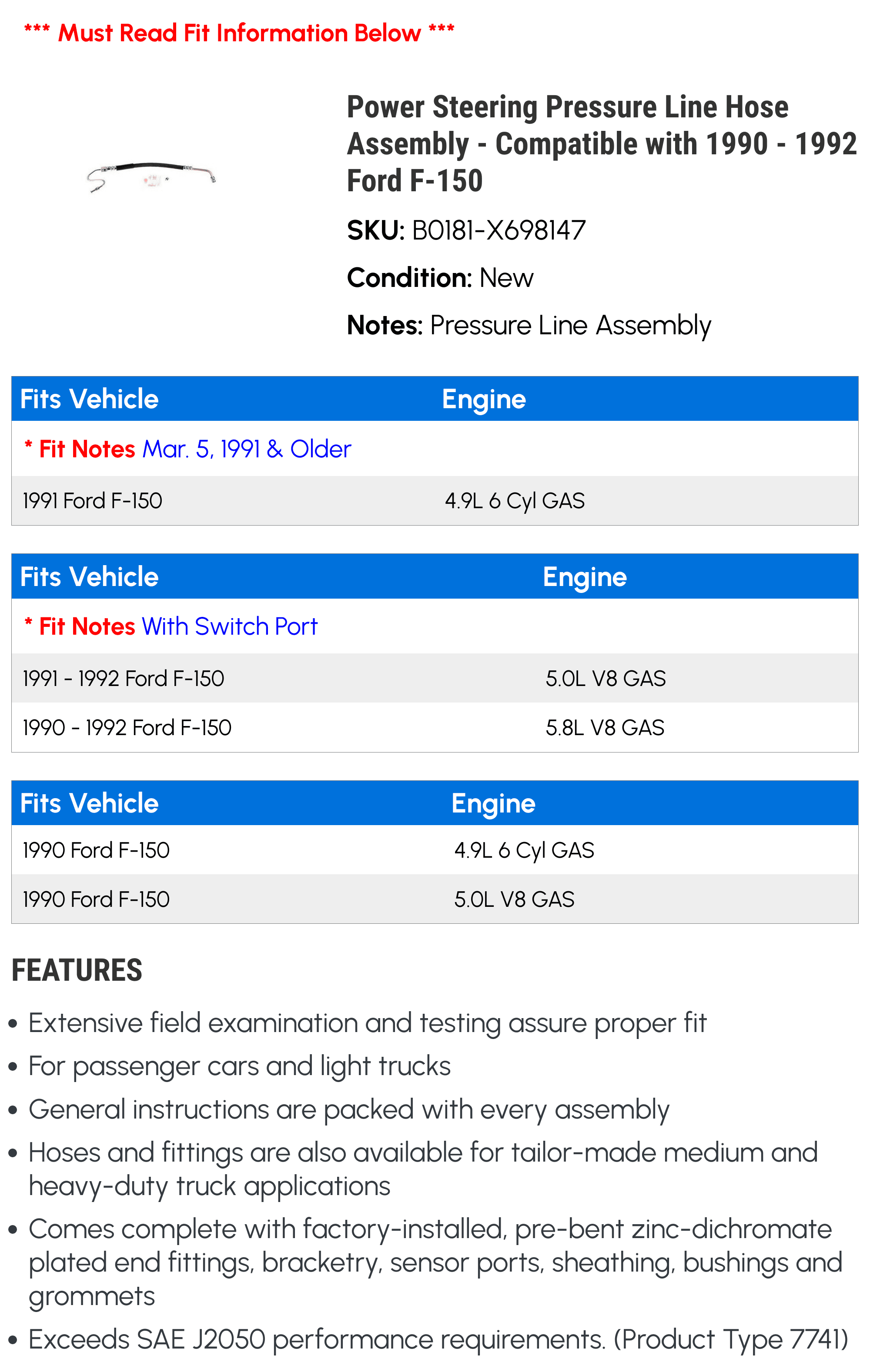 Power Steering Pressure Line Hose Assembly - Compatible with 1990 - 1992 Ford F-150 1991