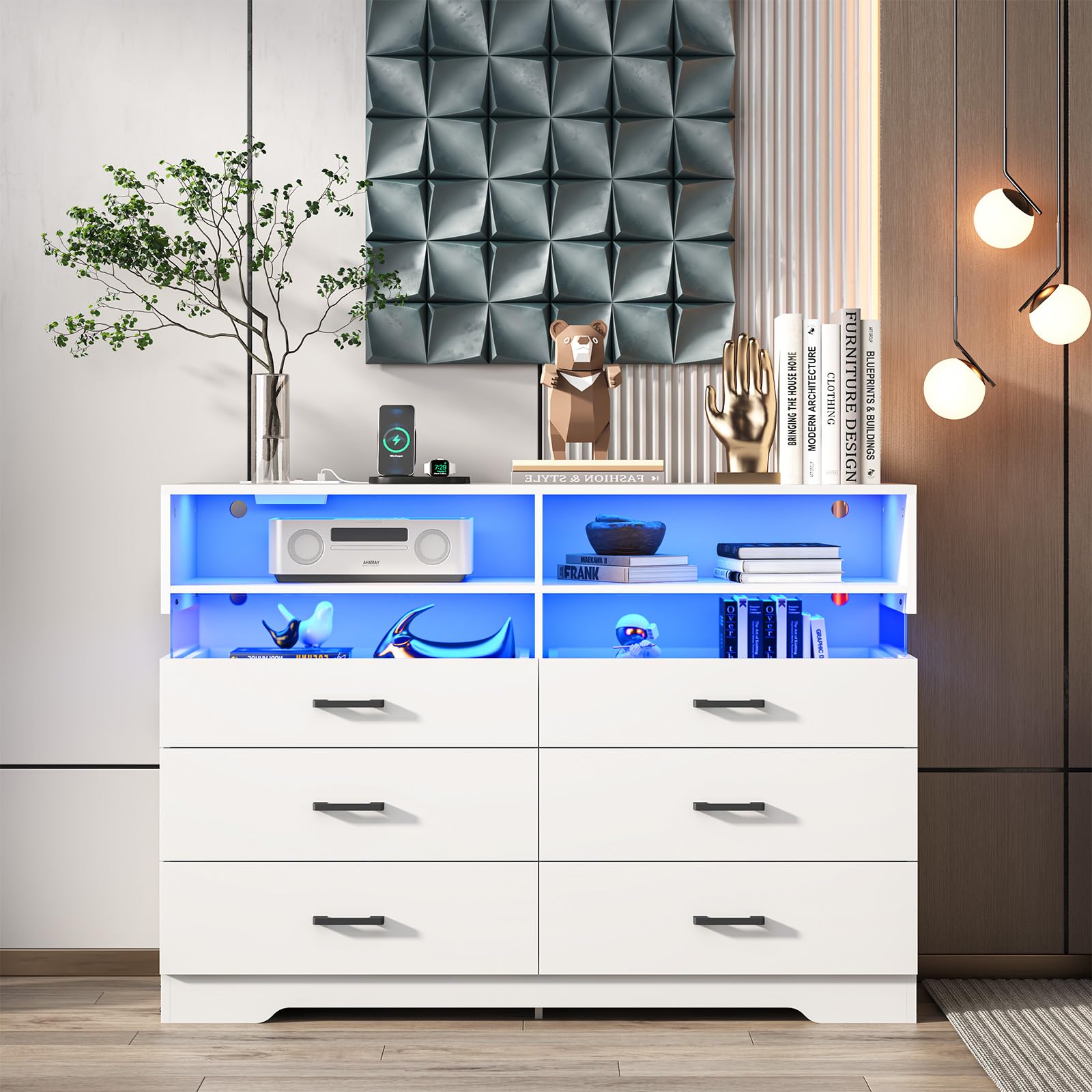 Dresser for Bedroom, Double Dresser with 6 Drawers and Charging Station, LED Chest of Drawers for Living Room, Entryway, White