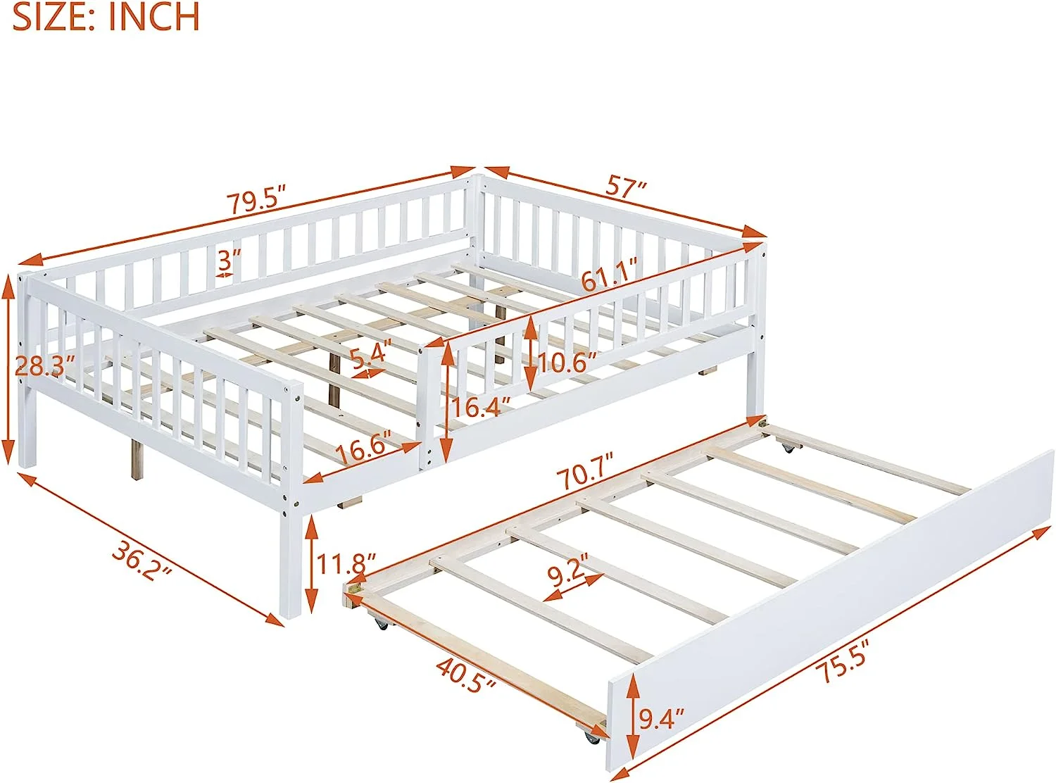 Full Size Daybed With Trundle, Wood Kids Full Platform Bed Frame With Rails, No Box Spring Needed, Easy Assembly (Full Size, White)