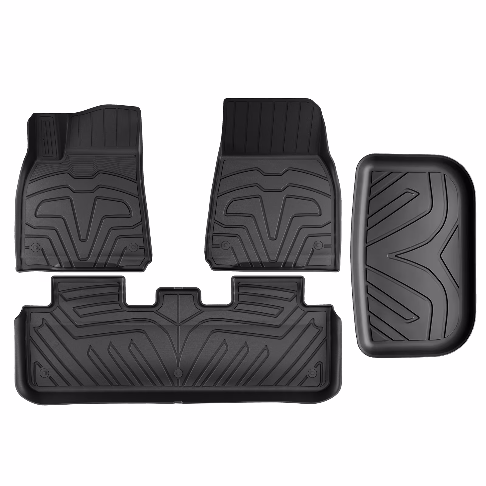 Ikon Motorsports 3D TPE Floor Mats + Trunk Mat Compatible with 2020-2023 Tesla Model Y, All Weather Floor Liners, Front & 2nd Row Full Set Custom Protection Heavy Duty Rear Tray Cargo Mats, Black