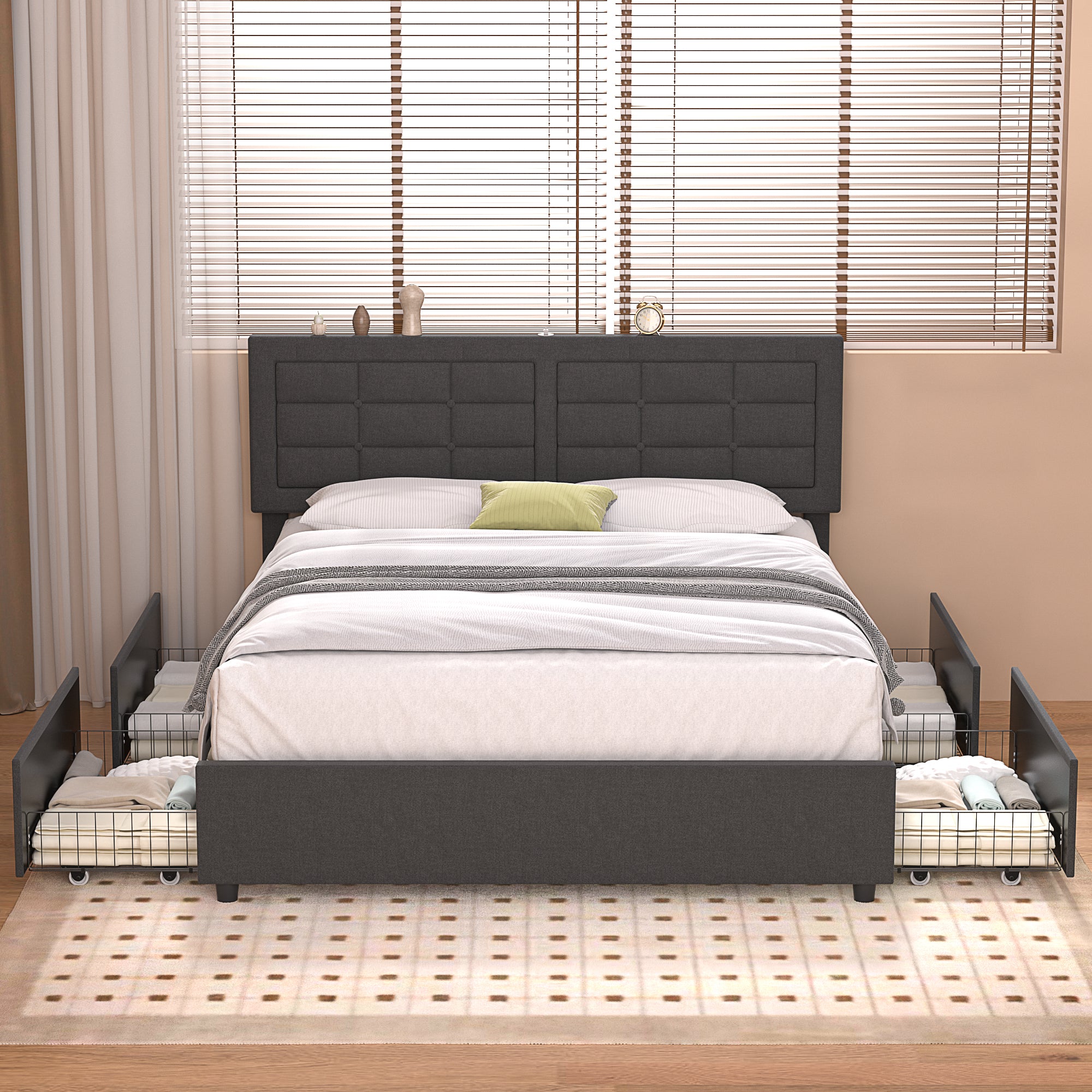 VECELO Queen Bed Frame with 4 Storage Drawers & USB Ports, Modern Button Tufted Upholstered Platform Bed Frame with Adjustable Headboard, No Box Spring Needed, Gray
