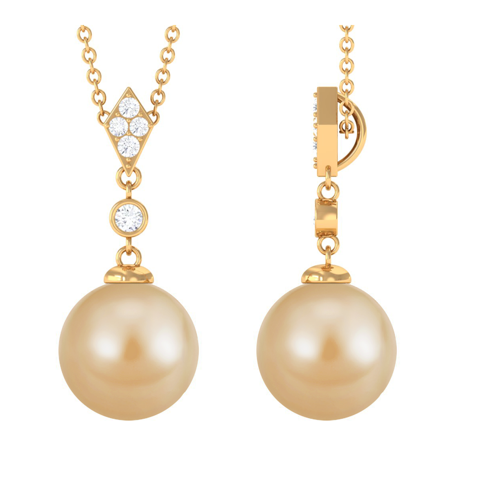 Cultured Golden Pearl Pendant Necklace for Women with Moissanite, AAA Quality, 18K Yellow Gold