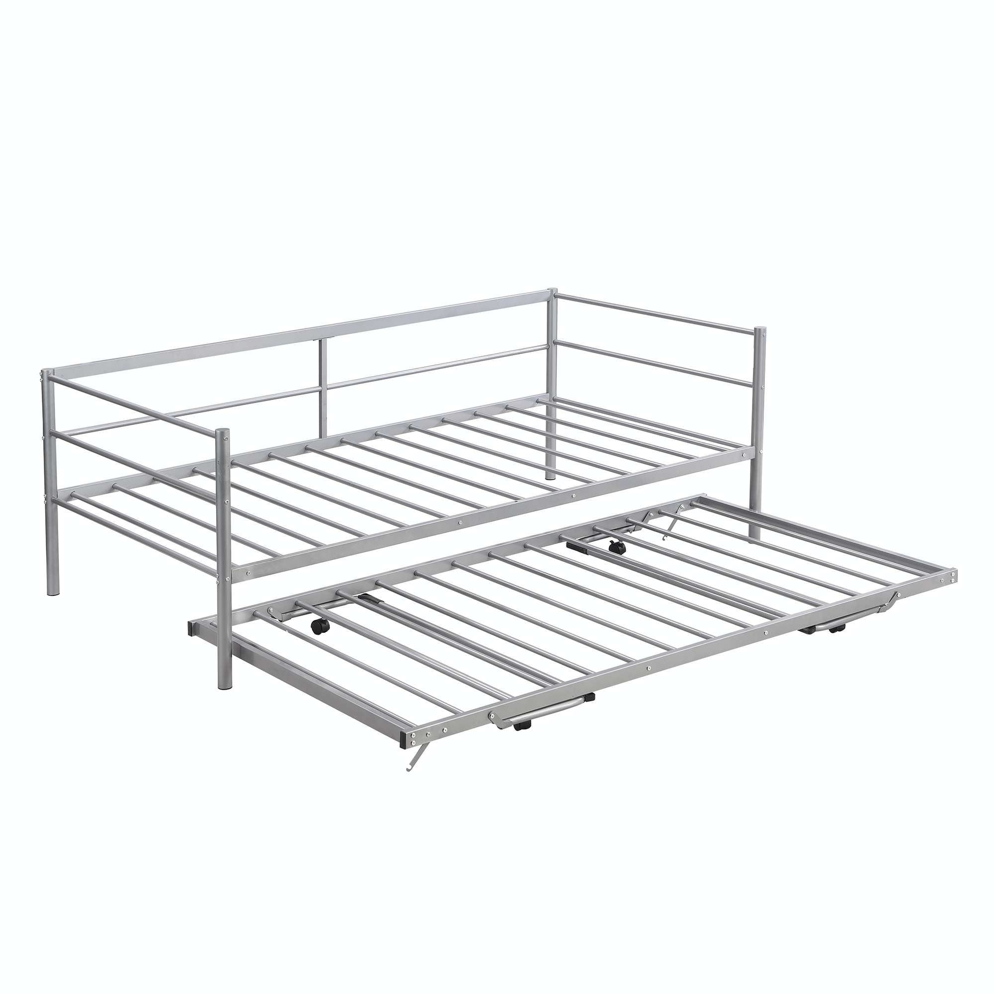 Metal Daybed with Adjustable Trundle, Pop Up Trundle Silver