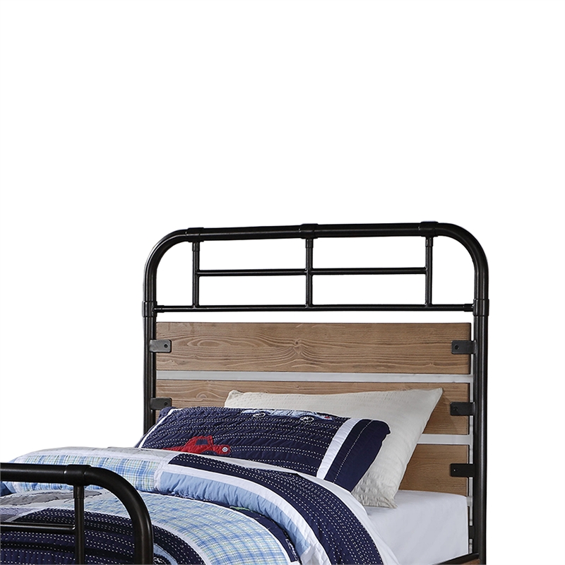Benzara BM196885 Industrial Style Metal & Wood Twin Size Bed with Slated Headboard, Black & Brown