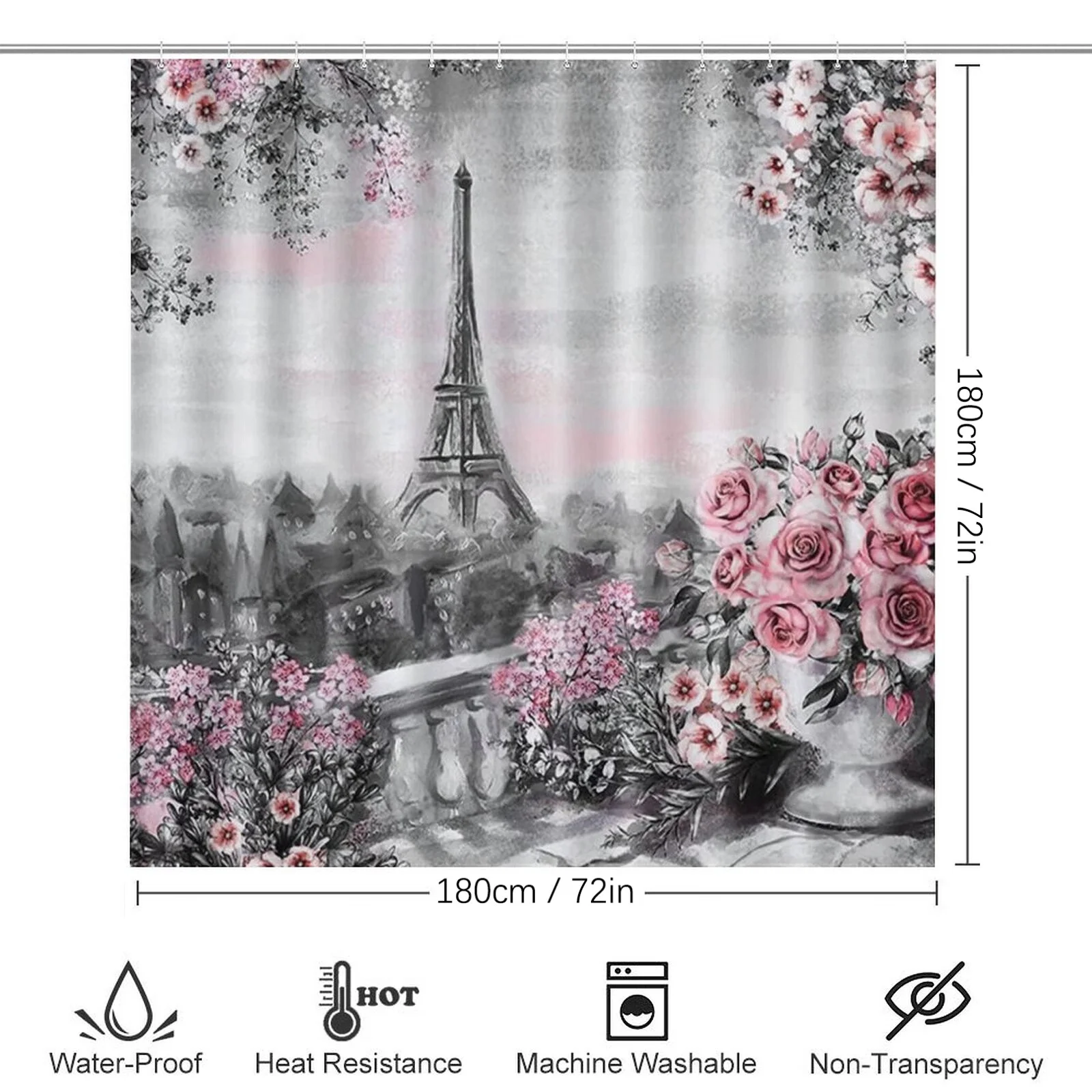 4Pcs Paris Eiffel Tower Pink Shower Curtain Sets Bathroom Set Decor with Non-Slip Rugs Bath U-Shaped Mat Toilet Lid Cover