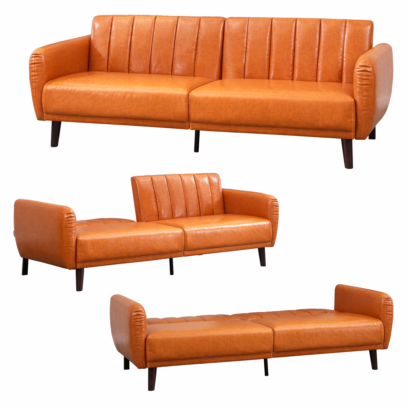 Mjkone Faux Leather Sofa Bed with Adjustable Backrest,Convertible Sofa & Couch for Livingroom/Studio/Apartment/Office (Cognac Tan)