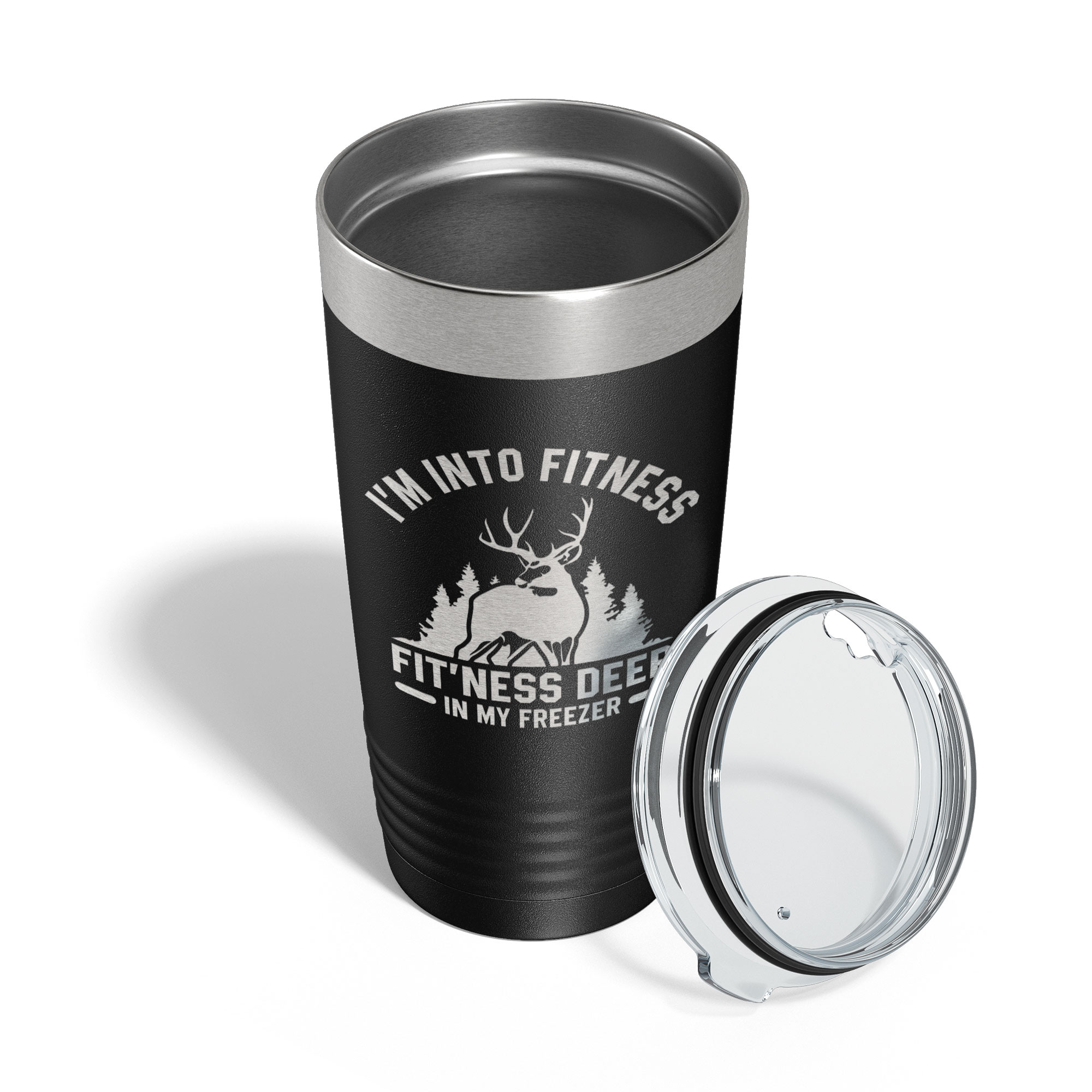 Deer Hunter Funny Tumbler Travel Mug I'm Into Fitness Fitting This Deer In My Freezer Insulated Laser Engraved Hunting Gift Coffee Cup 20 oz Black