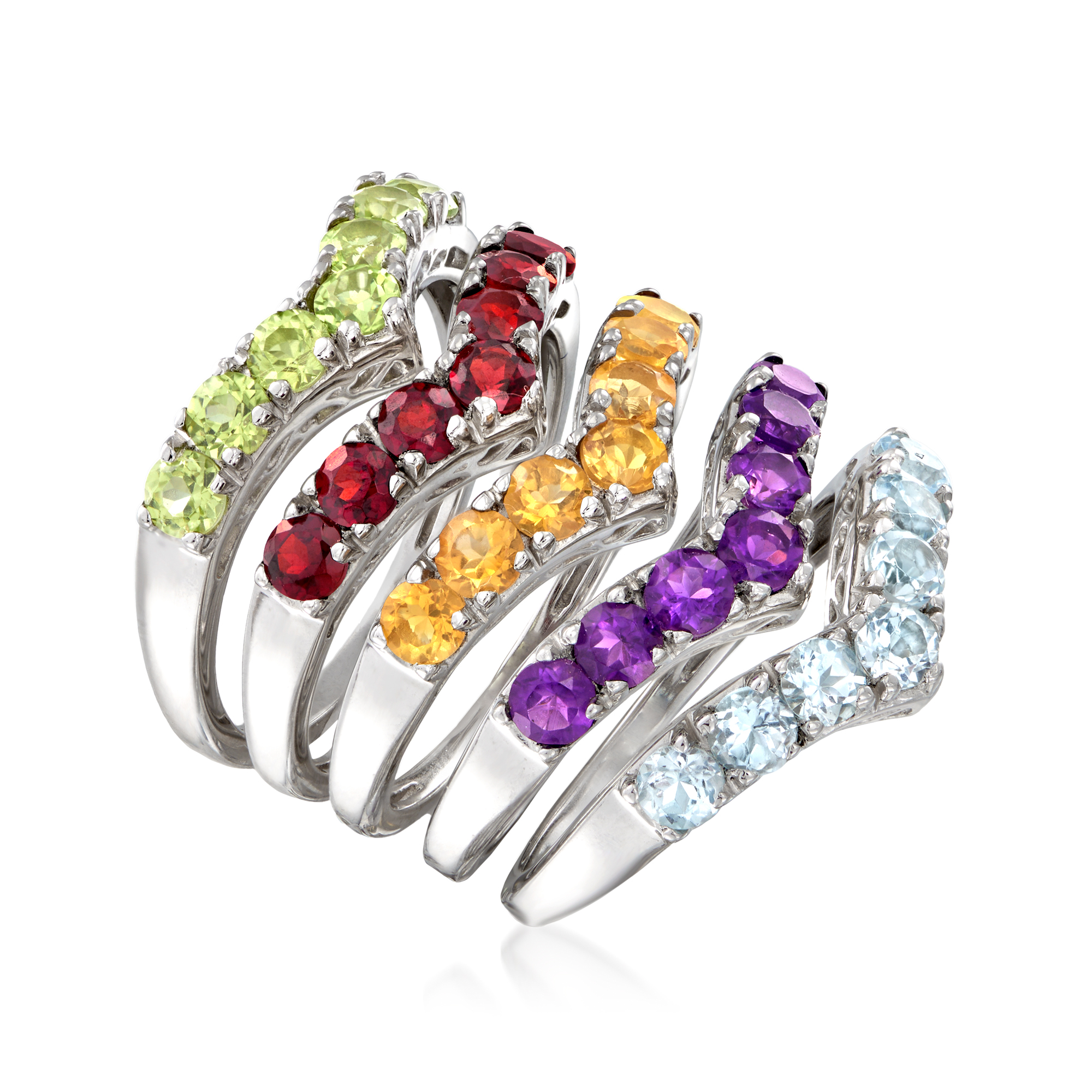 Ross-Simons 4.20 ct. t.w. Multi-Gemstone Jewelry Set: 5 Chevron Rings in Sterling Silver, Women's, Adult