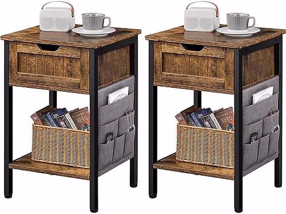 NLIBOOMLife Nightstands Set of 2  Bedside Tables with Top Drawer and Open    Steel Frame Bedside Cabinet Units with Removable Fabric Bag for Bedroom Living Room  Gray