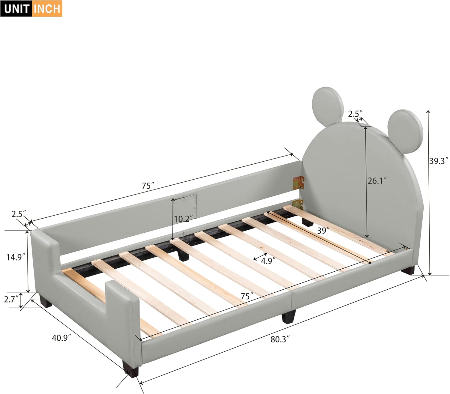 Upholsered Daybed Wih Caro Ears Shaped Headboard, Woode Cue Bed Frame For Kids ees Aduls, Faux Leaher Sofa Bed, o Box Sprig eeded (, Gray)