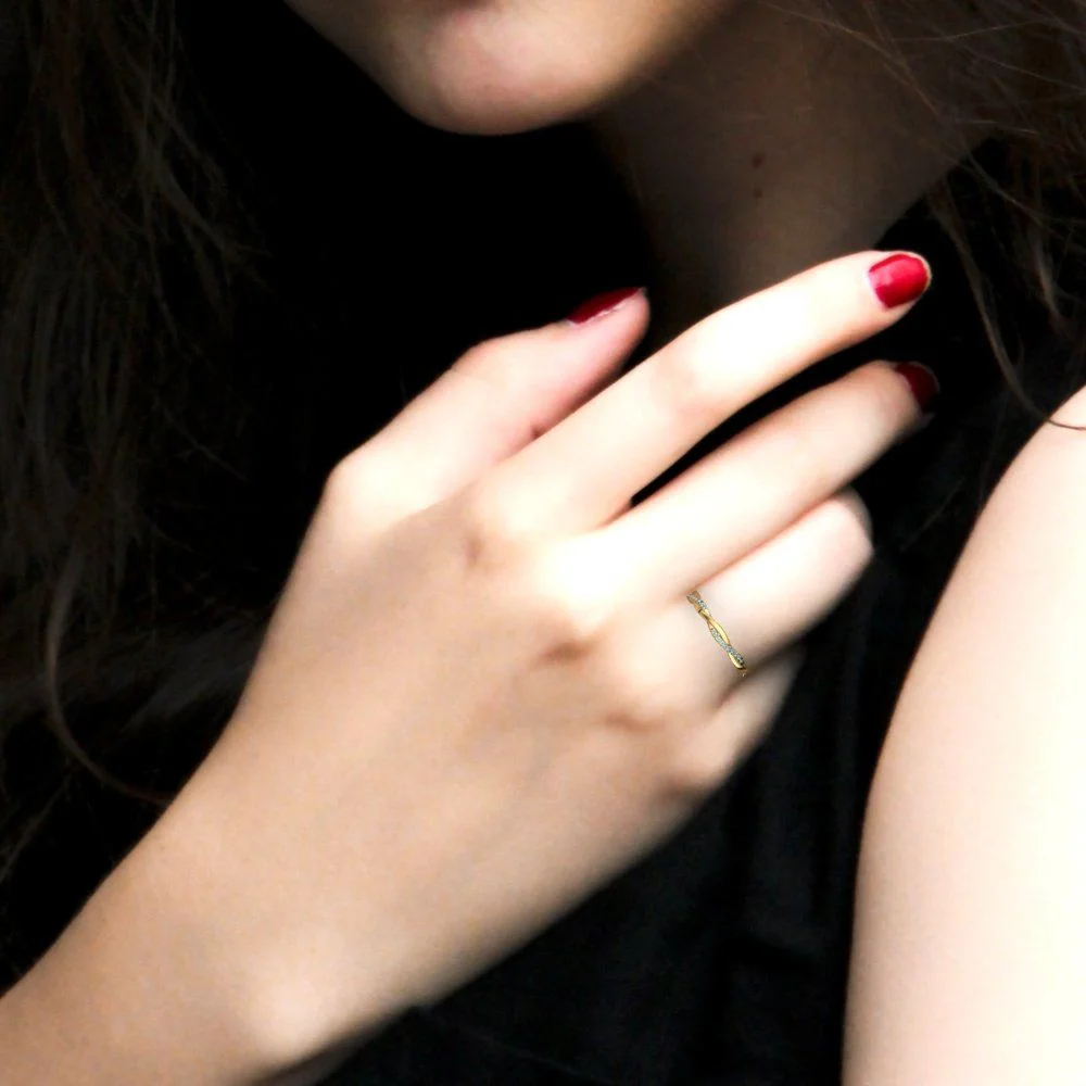 0.16 ct Brilliant Round Cut Natural Aquamarine 14k Yellow Gold Stackable Band SZ 10.5