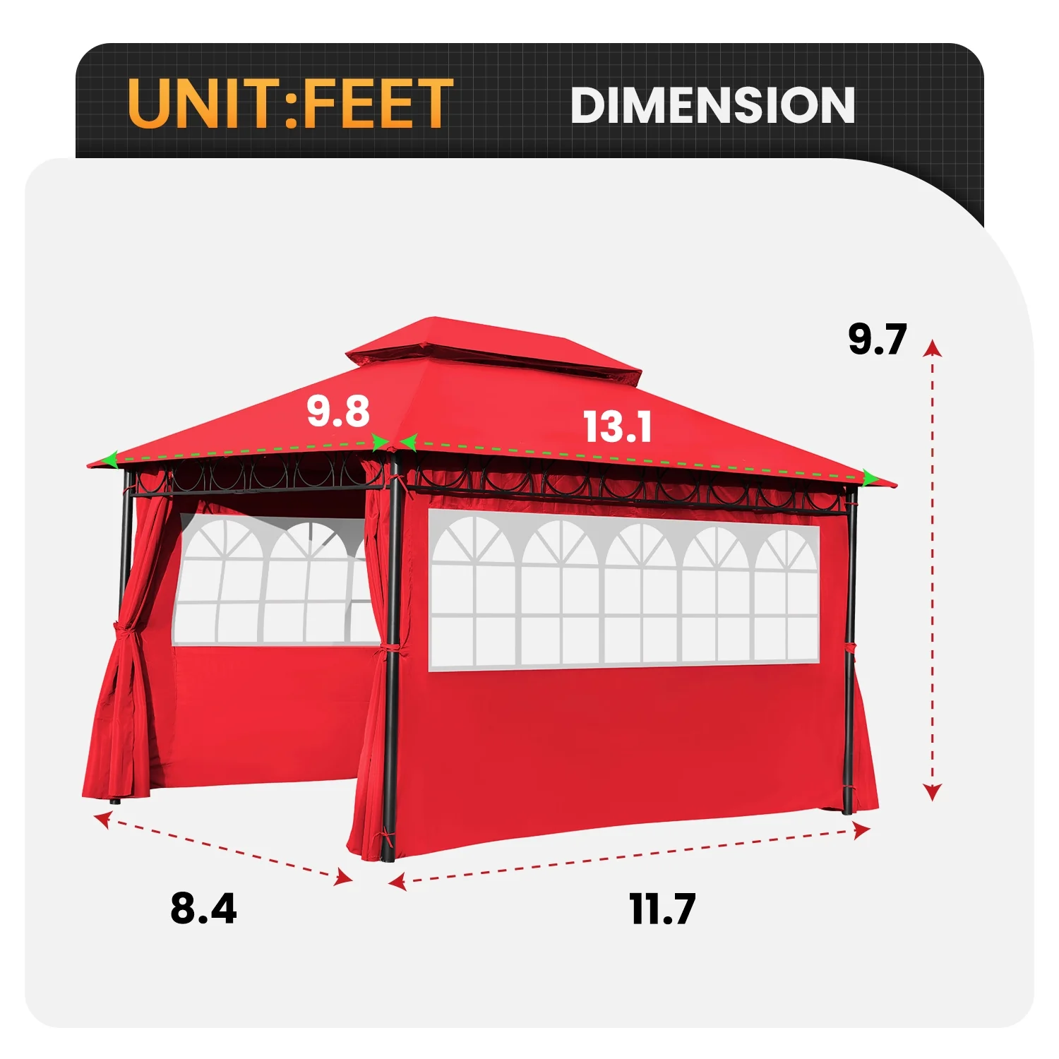 10'x13' Outdoor Gazebo Waterproof Canopies Gazebos Canopy Tent with 2 Sidewalls Translucent Windows for Backyard Outdoor Patio Party Events,Red