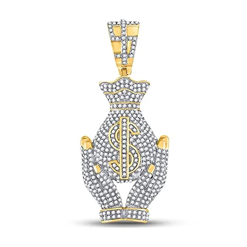 Men's Solid 10kt Yellow Gold Round Diamond Money Bag Hands Charm Pendant 1-1/3 Cttw