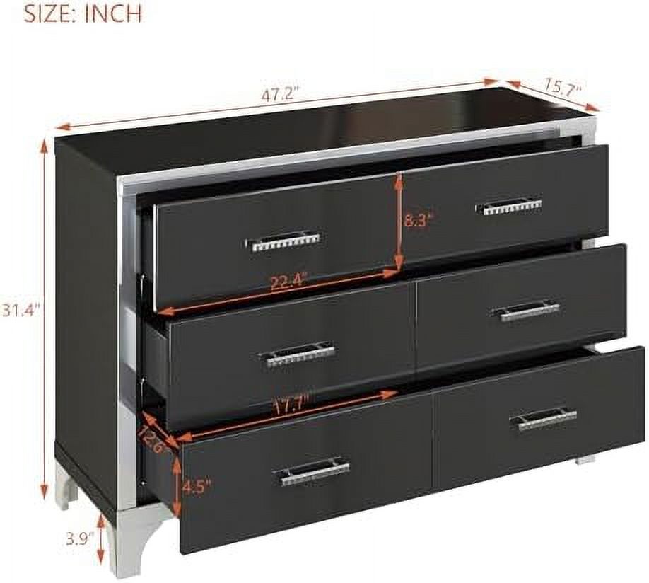RUNFAYBIU Modern Mirrored 6-Drawer Dresser  High Gloss Wooden Dresser with Metal Handles for Bedroom  Living Room  Mirrored Silver Frame  Black