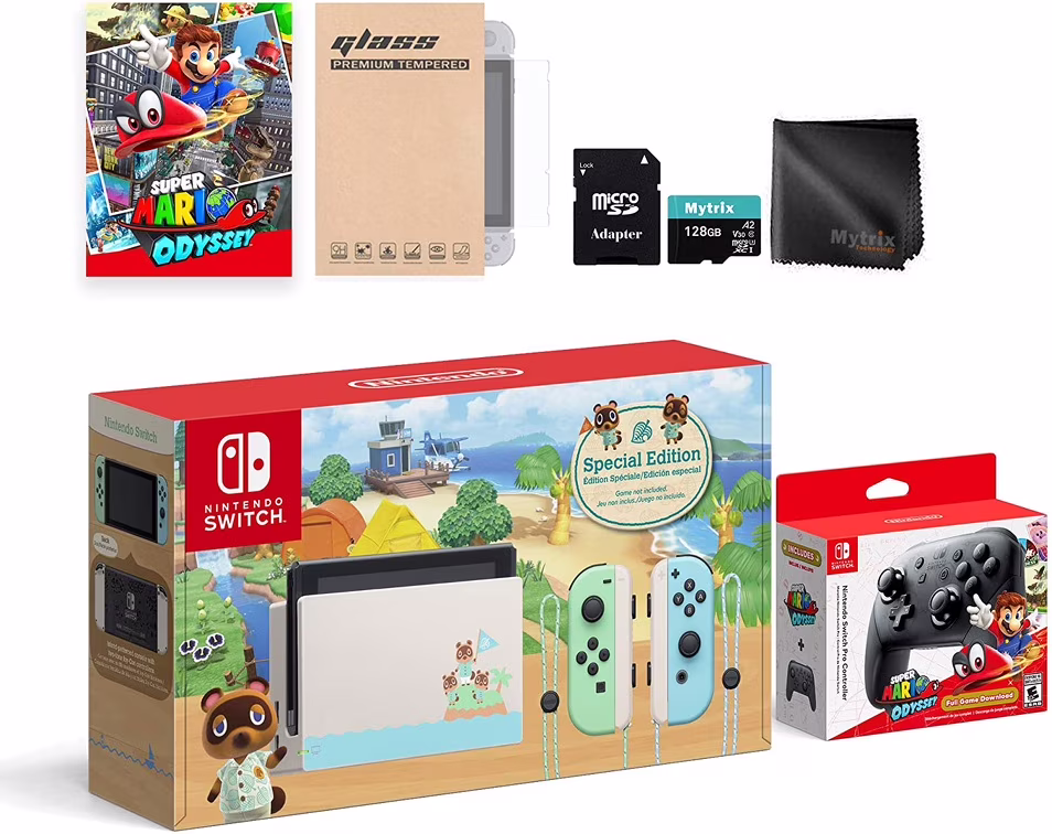 Nintendo Switch Animal Crossing Switch Console Odyssey Pro Controller Combo: Switch Limited 32GB Console, Super Mario Odyssey Full Game, Switch Wireless Pro Controller, and Mytrix Switch Accessories