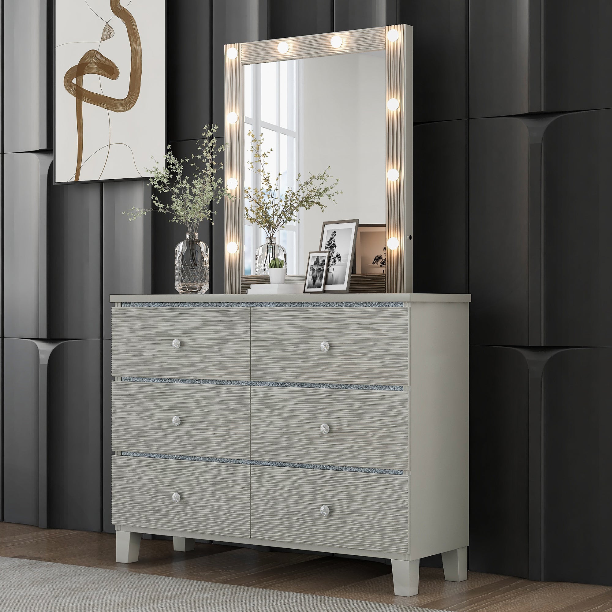 Elegant Silverwood Dresser with Crystal Accents
