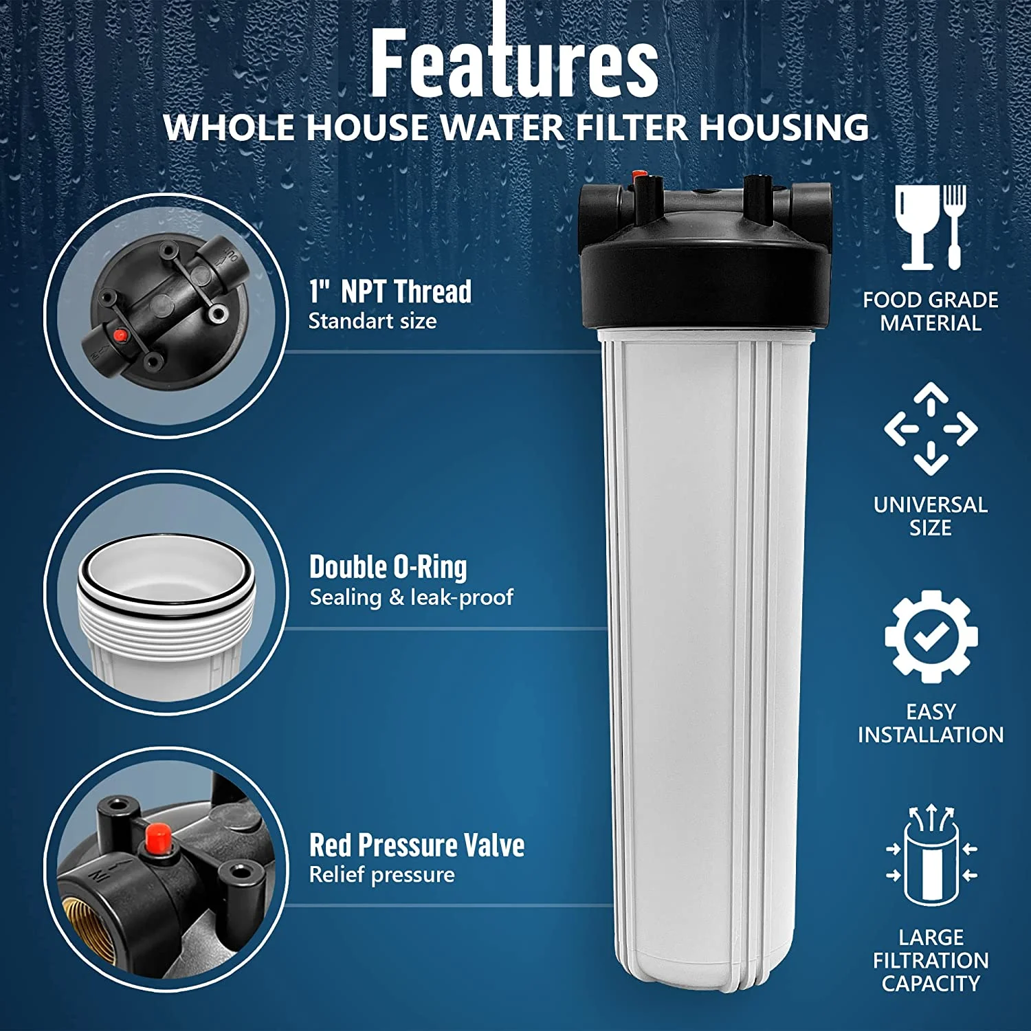 High Capacity 20 x 4.5” Whole House Filter Purifier System for Well or City Water, Presser Relief Button, 1” NPT Brass Port, Double O-ring, Meets NSF Standards & Regulations (White, 1 Set)