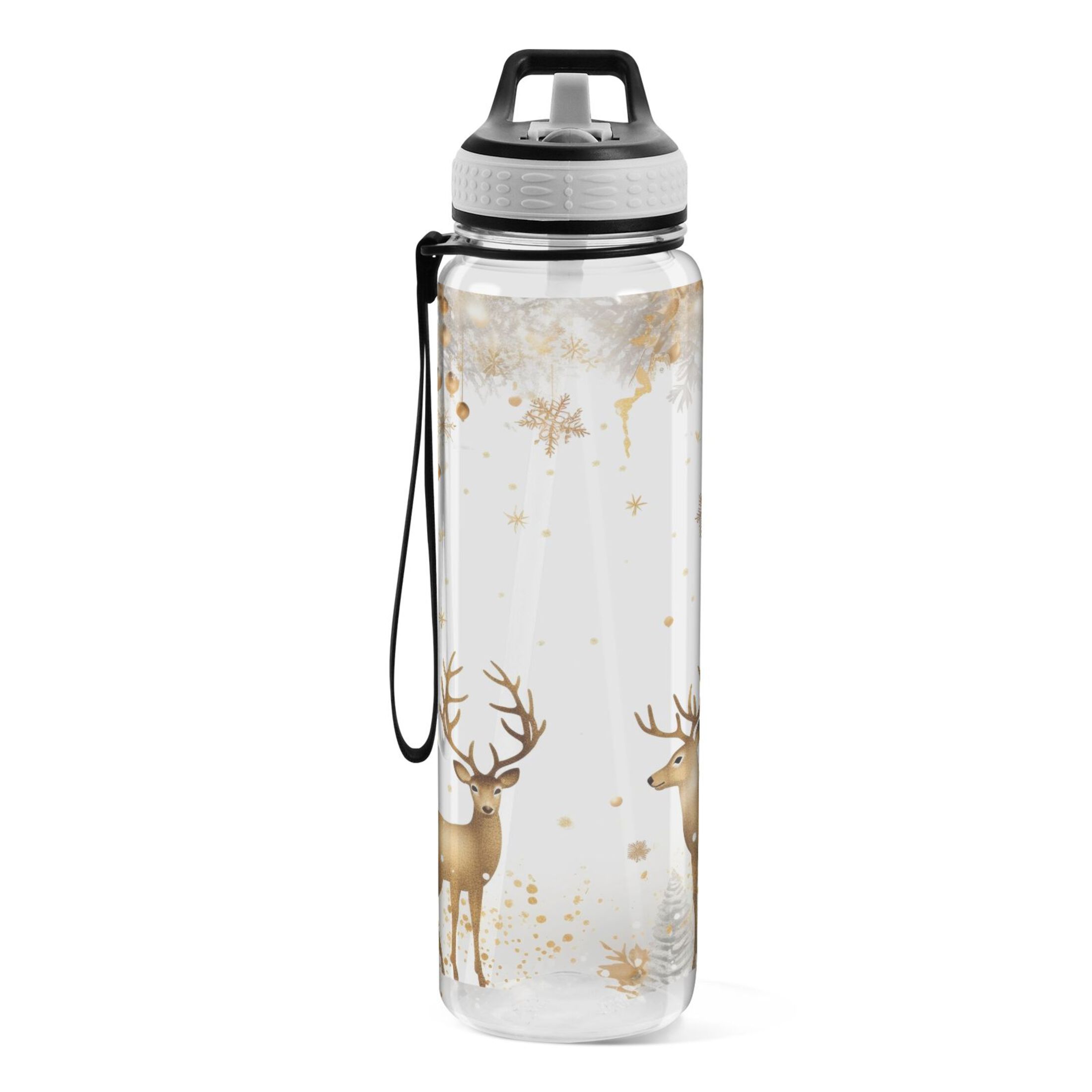 Christmas Deers Golden 32oz Water Bottles with Straw Tritan Leakproof Sports Bottle BPA Free Clear for Fitness Gym Swimming Cycling