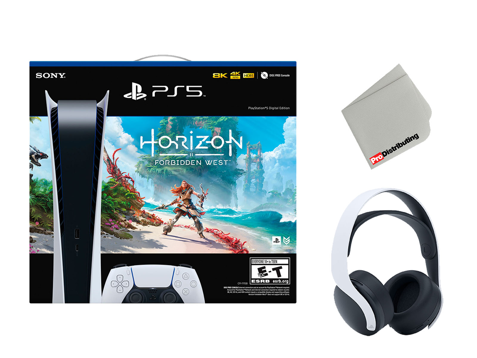 Sony Playstation 5 Digital Edition Horizon Forbidden West Bundle with White PULSE 3D Wireless Gaming Headset and Microfiber Cleaning Cloth