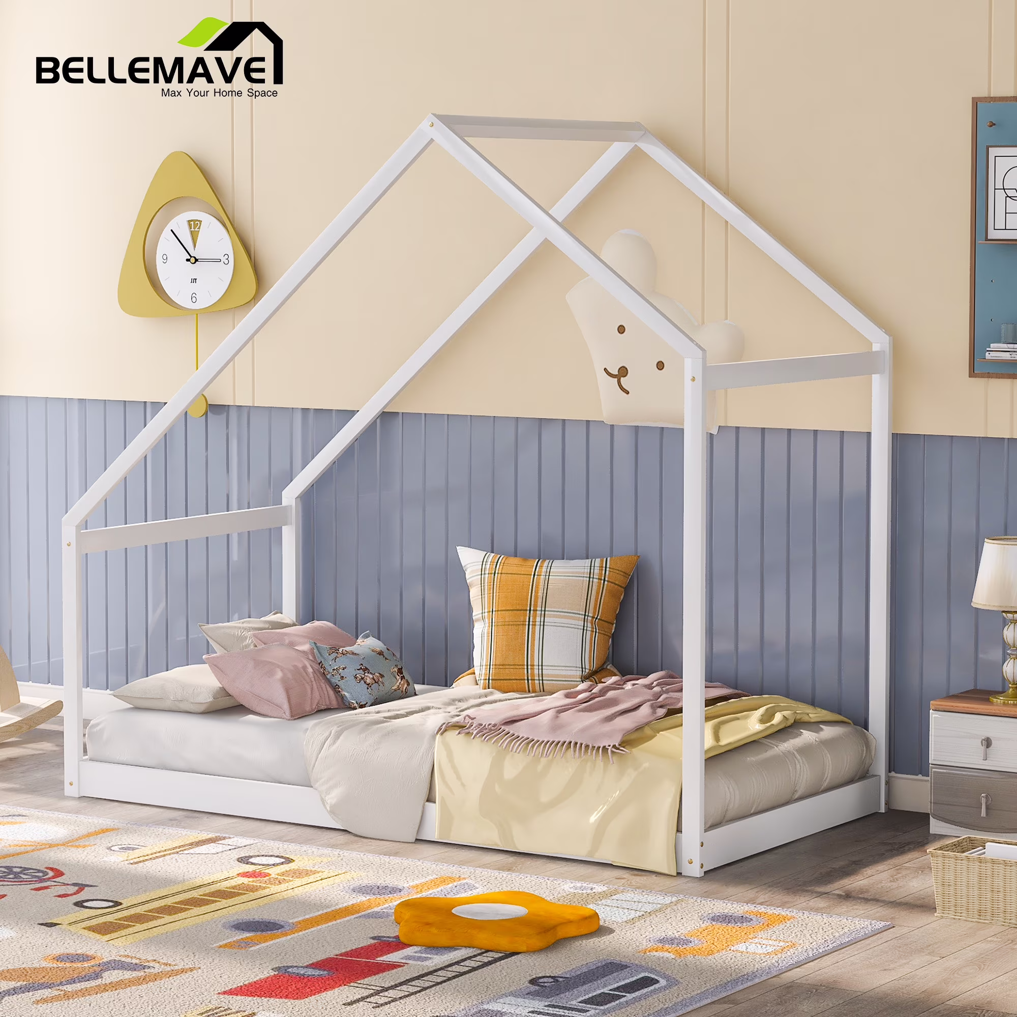 Toddler House Bed Twin Size, Twin House Floor Bed for Kids,Toddler Montessori Bed/Twin Floor Bed Frame Toddler, Need Box Spring(White)