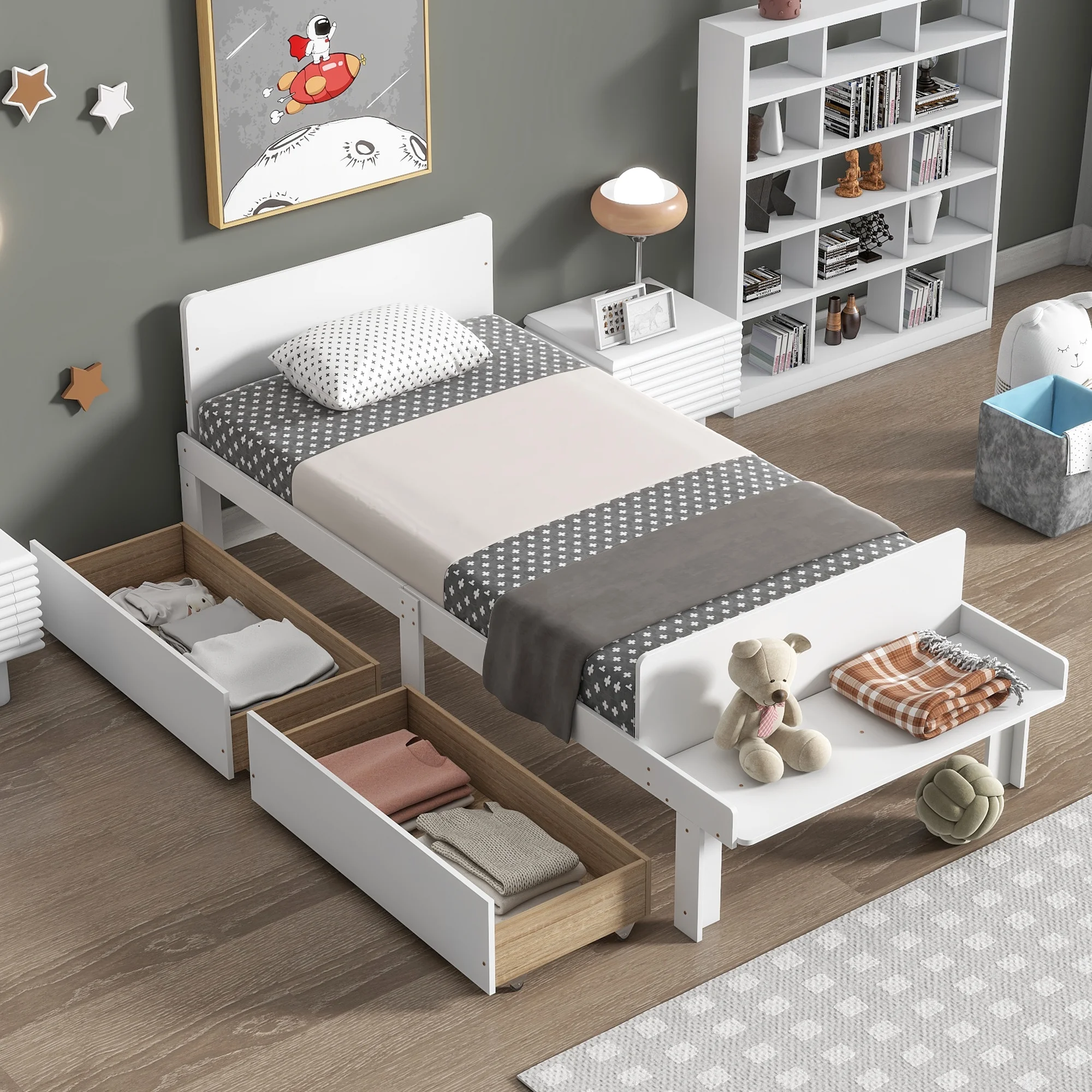 Royard Oaktree Twin Size Bed Wood Platform Bed Frame with Headboard and Footboard Bench Modern Bed Frame with 2 Storage Drawers, White