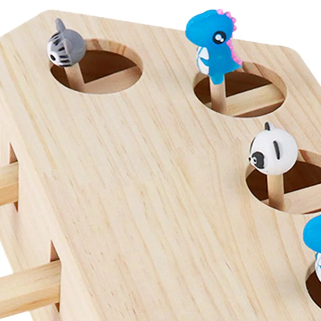 Wooden Cat Toy Box, Kitten Toy Puzzle Box with Cartoon Animal, Cat Toys - 5 Holes