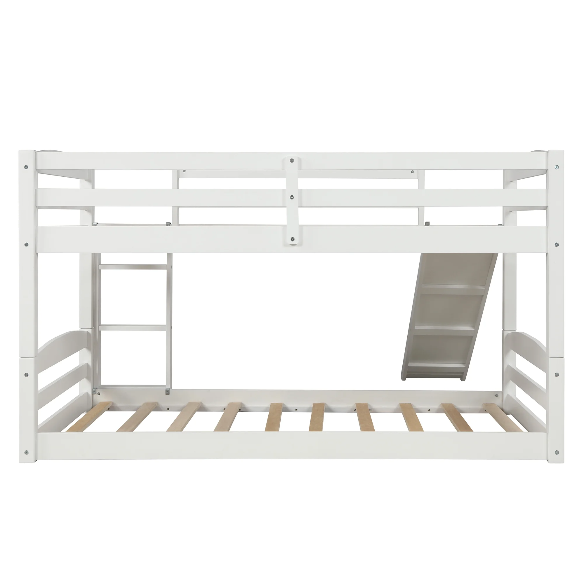 White Twin over Twin Low Bunk Bed with Slide and Ladder