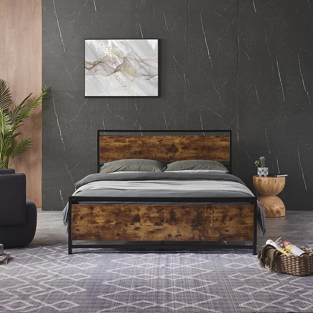 Queen Size Metal Platform Bed Frame with Wooden Headboard and Footboard, No Box Spring Needed, Large Under Bed Storage, Easy Assemble