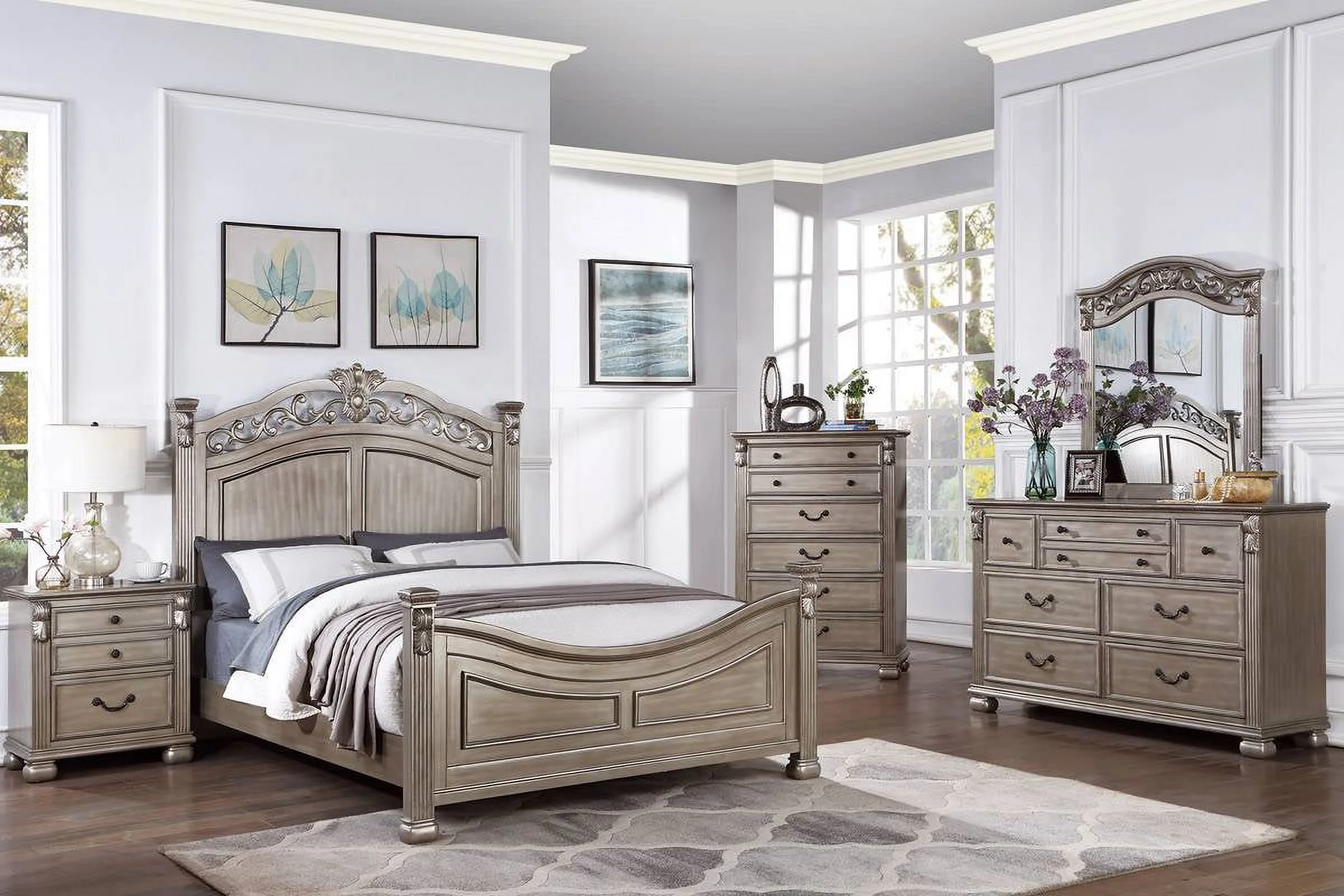 American Classic Eastern King Bed 2x Nightstands Wooden Grey Finish 3pc Set Master Bedroom Furniture