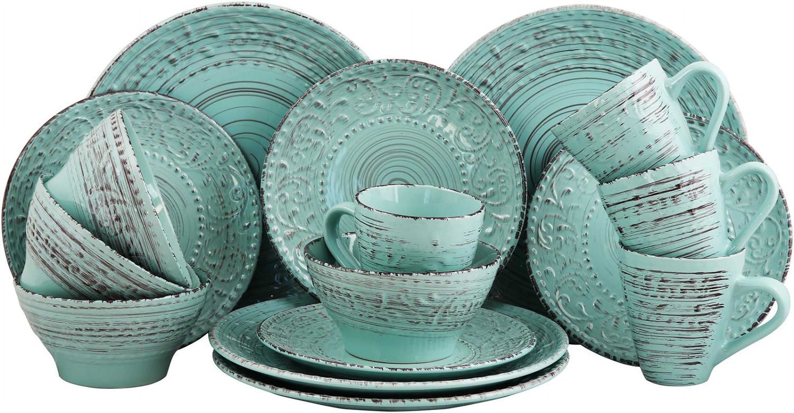Embossed Stoneware Ocean Dinnerware Dish Set, 16 Piece, Turquoise